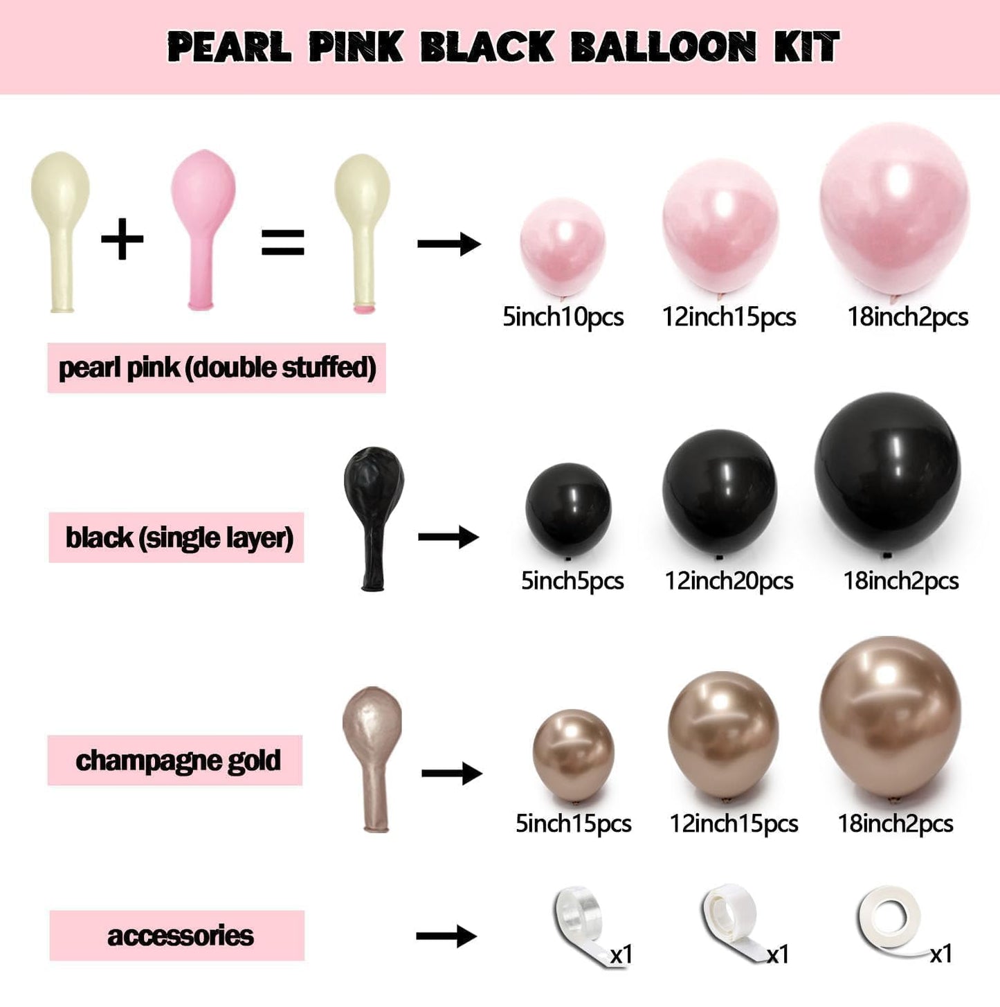 Pink Black Balloon Arch Kit - Double Stuffed Pastel Pearl Baby Pink Balloon Garland with Champagne Rose Gold Balloons for Birthday Bridal Baby Shower Wedding Graduation Party Decoration