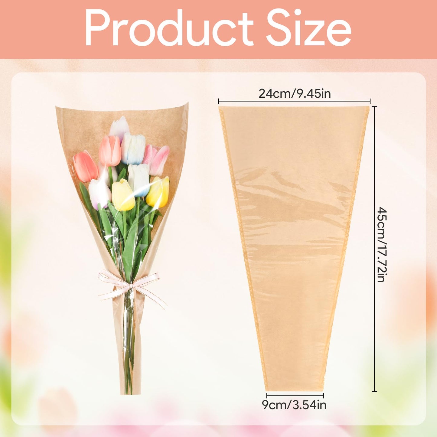 100Pcs Flower Bags for Bouquets Kraft Paper Flower Bouquet Bags for Floral Wrapping Flower Sleeves for Bouquets Florist Supplies Wrapping Paper for Birthday Wedding Valentines Day, 17.7x9.4x3.5 Inch
