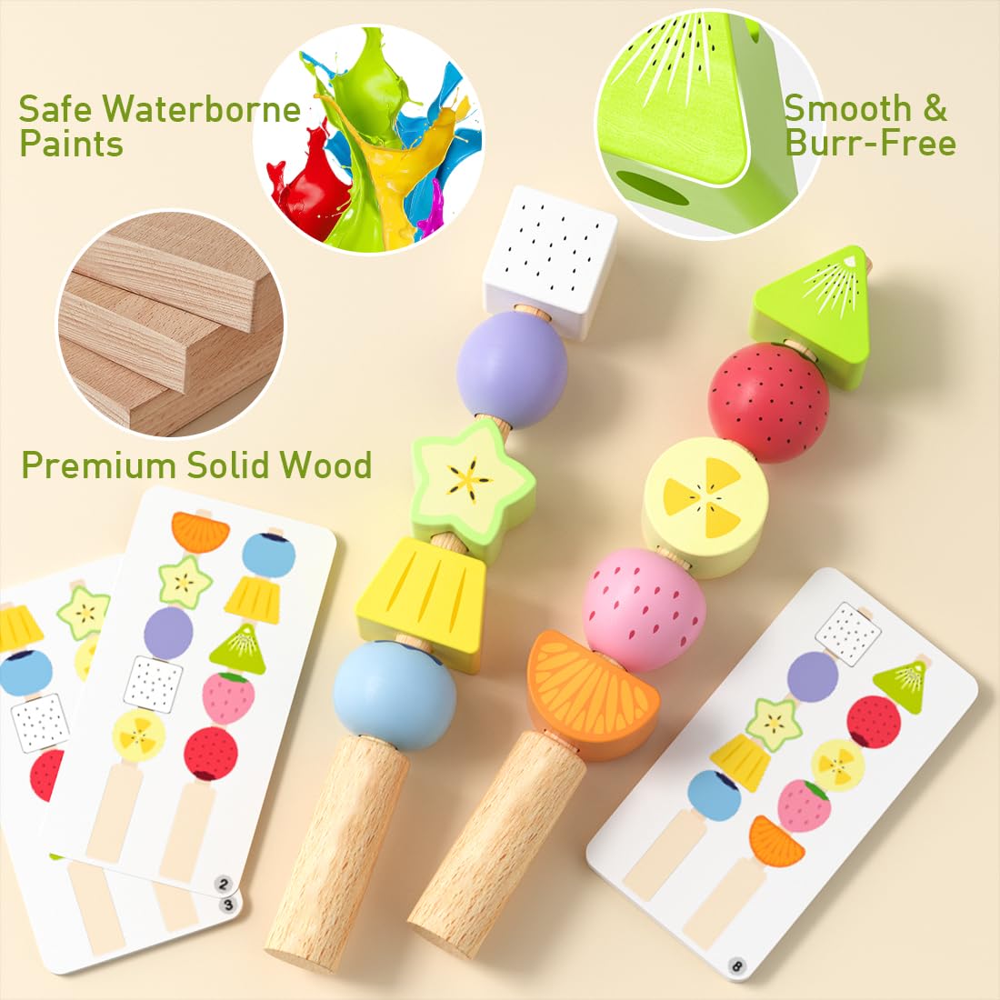 Wooden Montessori Lacing Beads Toy for Toddlers 2 3 4 5 Years Old, Fruit Themed Stringing Beads with Hard Rod & Pattern Cards, Fine Motor Skills Educational Sensory Toy for Boys Girls, Birthday Gift