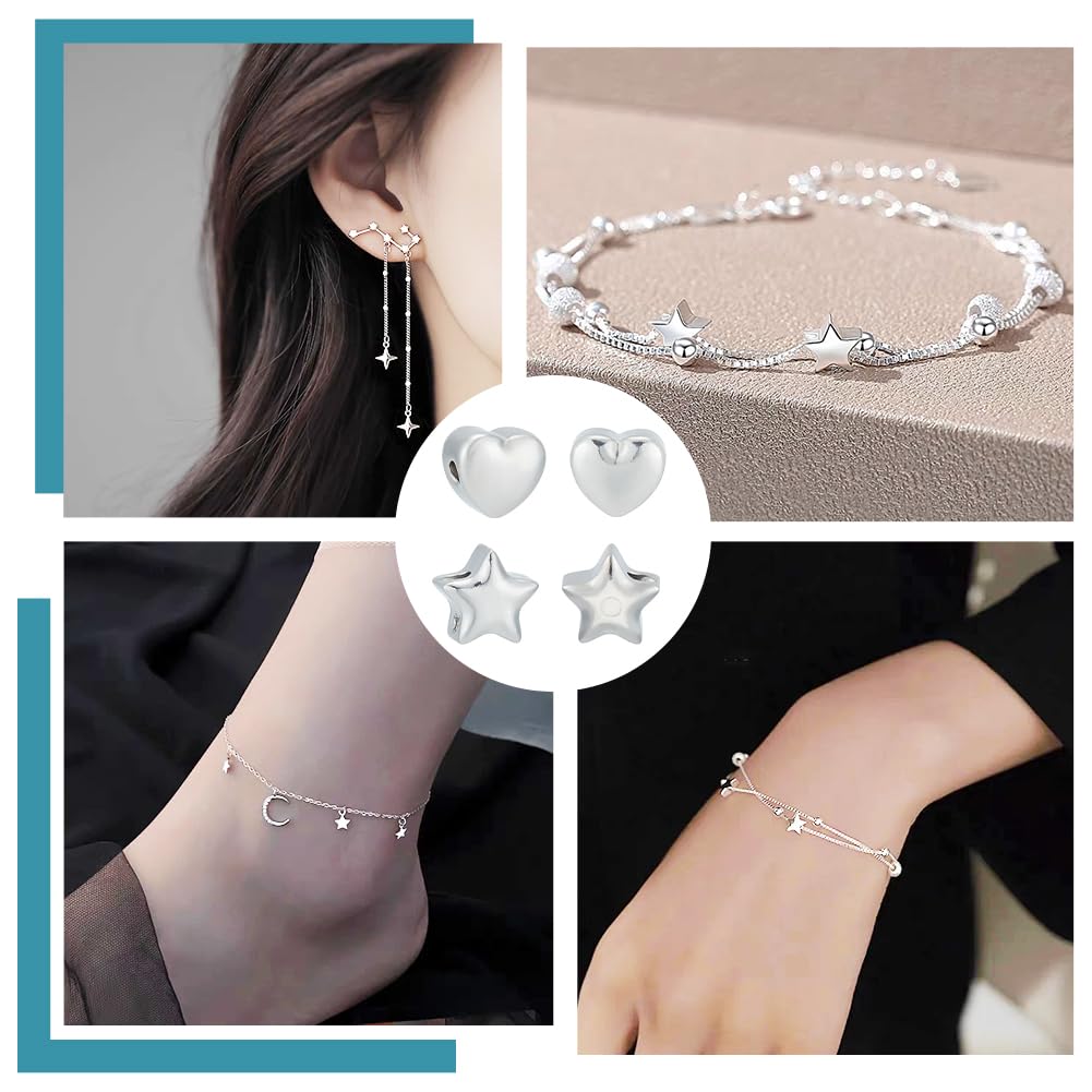 UNICRAFTALE 24Pcs 2 Style Spacer Beads Kit 1.5mm 304 Stainless Steel Cute Beads Metal Star Beads Heart Spacer Beads Small Hole Heart Beads for Bracelets Necklace Jewelry Making