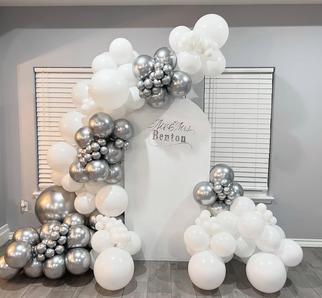 PTGOLUO 153Pcs White and Silver Balloons Garland Arch Kit with Stars - 22 18 12 10 5 inch Different Size White Metallic Silver Confetti Latex Balloon for Birthday Baby Shower Wedding Party Decorations