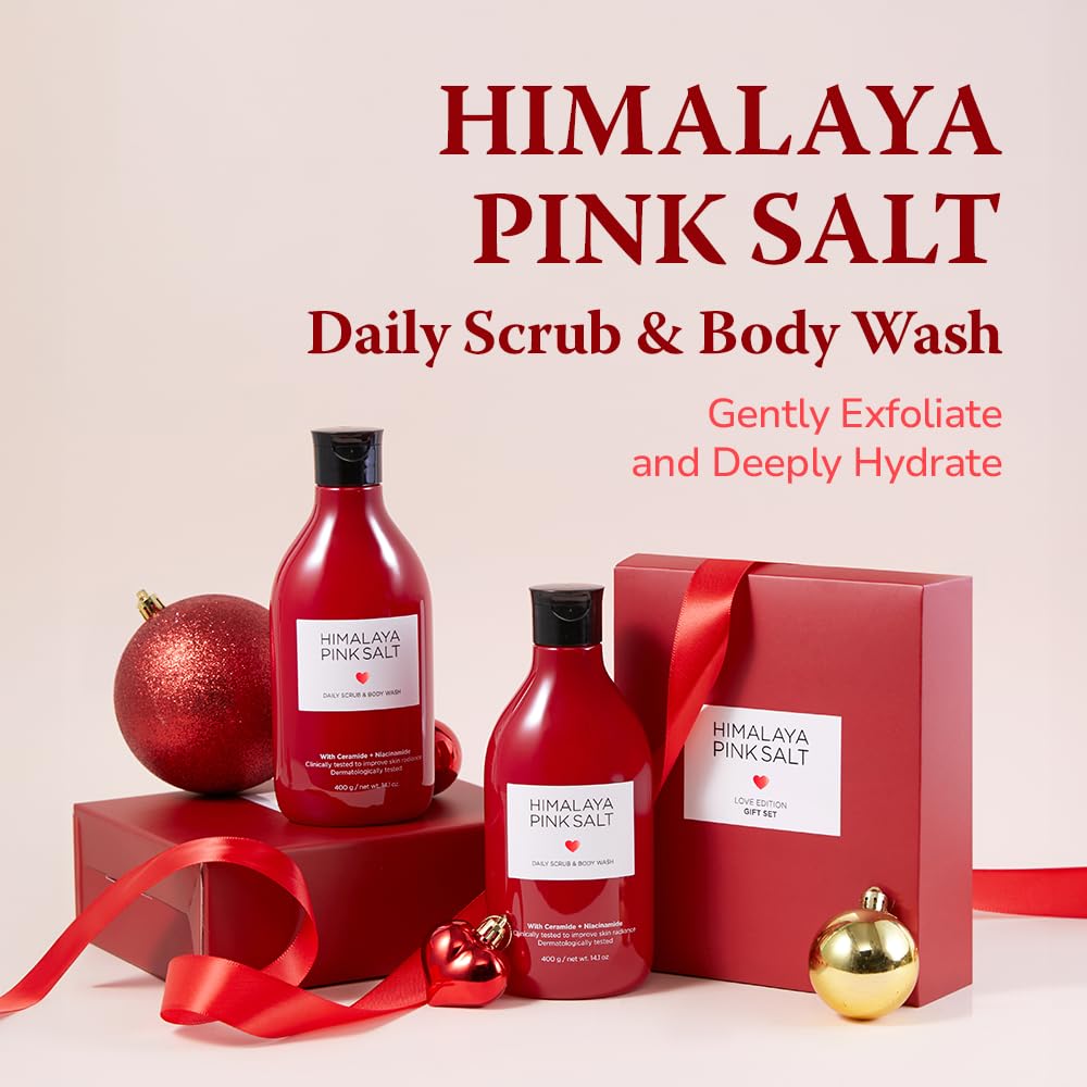 HIMALAYA PINKSALT Daily Scrub Body Wash Love Edition Gift Set – Exfoliating Body Scrub with Himalayan Pink Salt, Hyaluronic Acid & Retinol, Moisturizing Shower Gel, 14.4oz x2