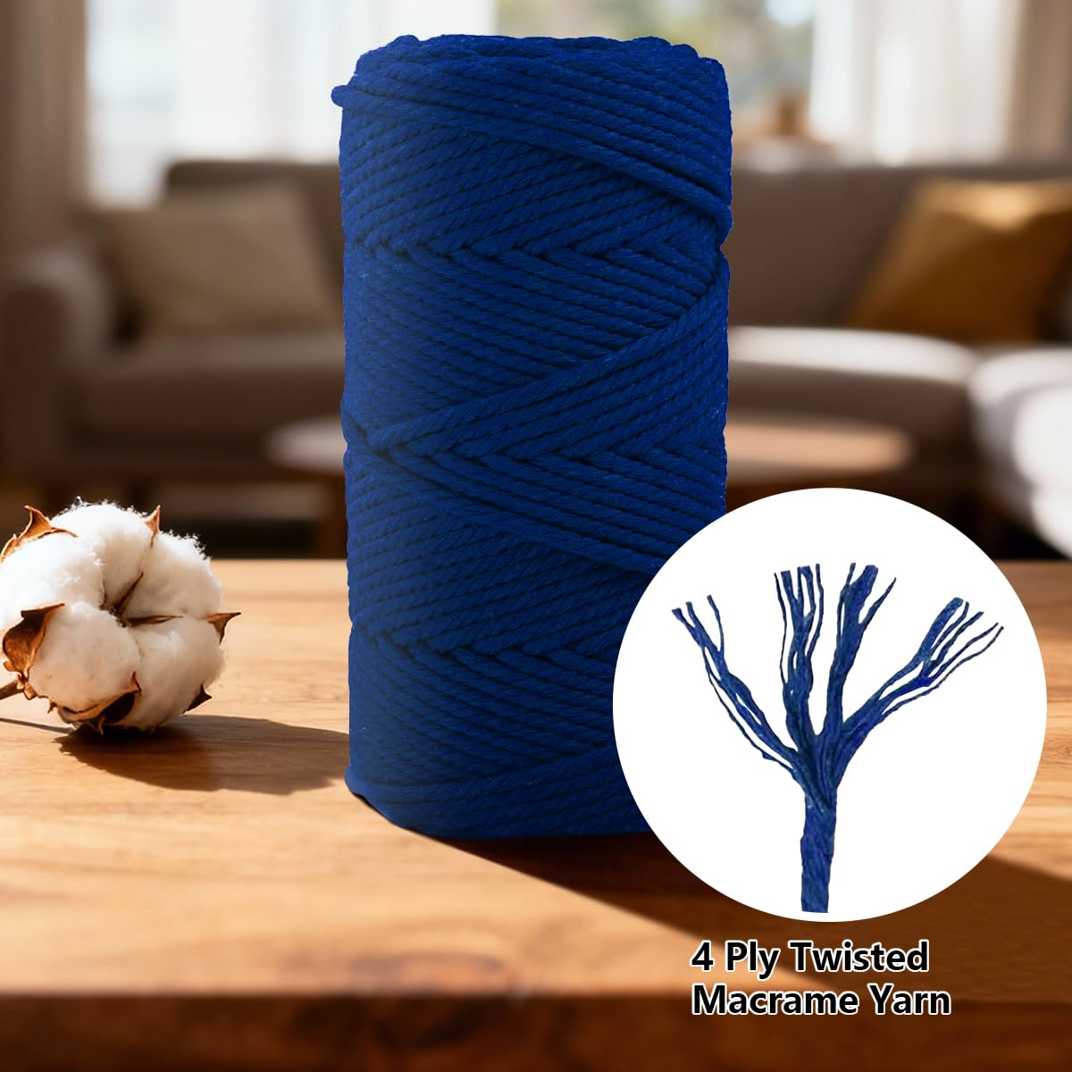 Natural Macrame Cord Cotton Rope with Wooden Beads & Rings, 6mm x109 Yards 4 Strand Twisted, Munzong Handmade Macrame Rope for Wall Hanging, DIY Craft, Knitting Plant Hanger(100m, Sapphire Blue)
