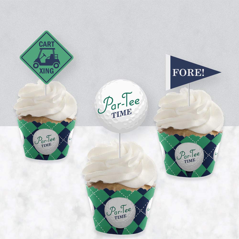 Big Dot of Happiness Par-Tee Time - Golf - Cupcake Decoration - Birthday or Retirement Party Cupcake Wrappers and Treat Picks Kit - Set of 24