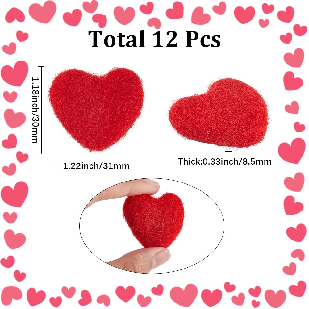 SUNNYCLUE 12Pcs Red Felt Hearts Felted Wool Heart Bulk Valentines Mothers Fathers Love Heart Shape Needle Felting Pom Pom Bead Decorations for DIY Art Handcraft Project Home Party Garland Ornaments