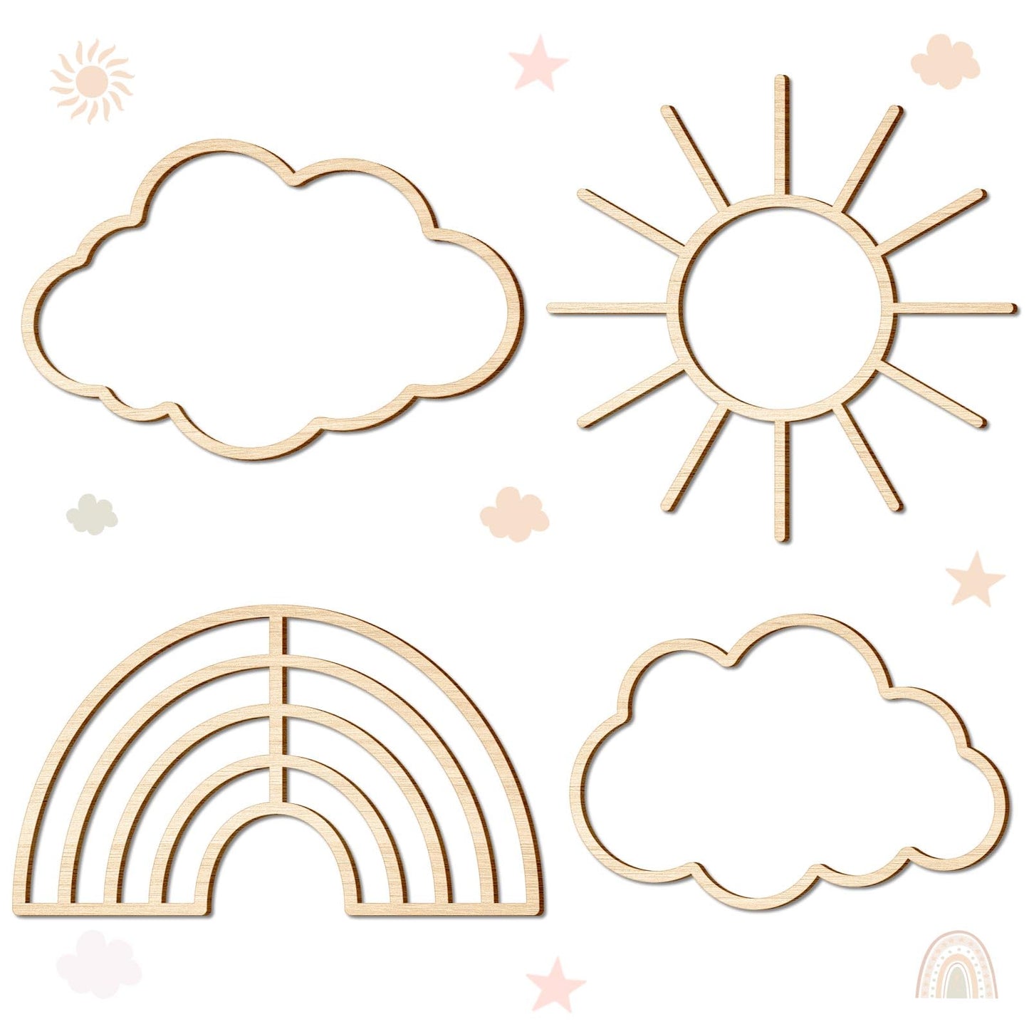 4 Pieces Boho Nursery Cloud Star Wall Decor Wooden Babyroom Moon Rattan Wall Decor Wooden Rainbow for Children Baby Kids Boys Girls Bedroom Nursery Pendant(Cloud Rainbow Sun)