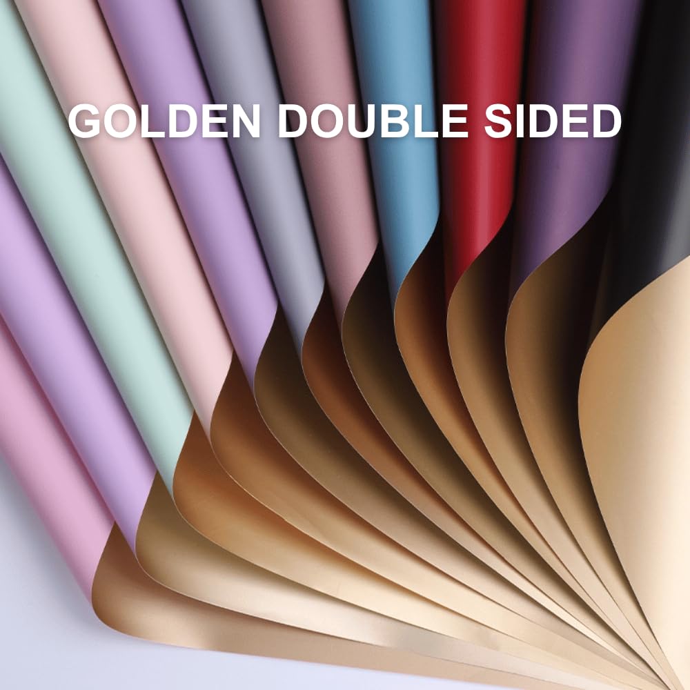 BBJ WRAPS Korean Flower Wrapping Paper, Golden Double-Sided Floral Paper for Bouquets, Waterproof Bouquet Wrapping Paper for Florist Supplies, 23.6 x 23.6 Inch - 20 Sheets