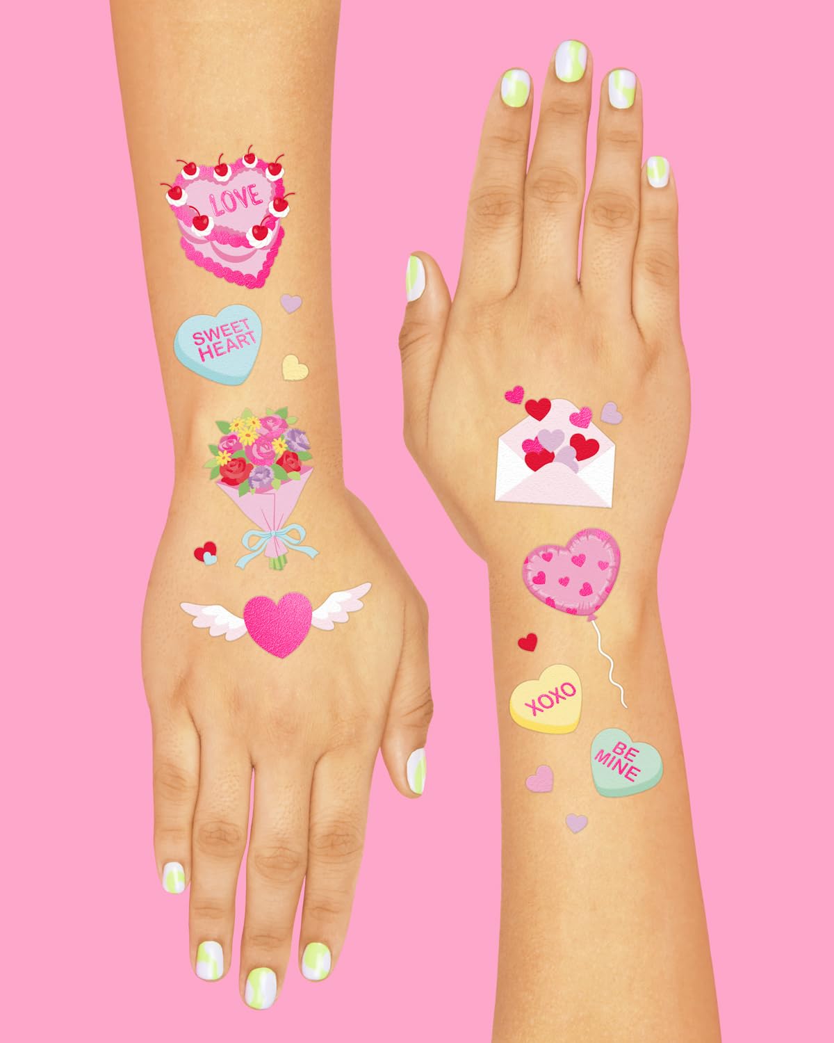 xo, Fetti Valentine's Day Temporary Tattoos - 54 Hot Pink Foil Styles | V-Day Party Decoration, Galentines, Party Favor, Be Mine, Candy Heart, Vday Supplies, XOXOs