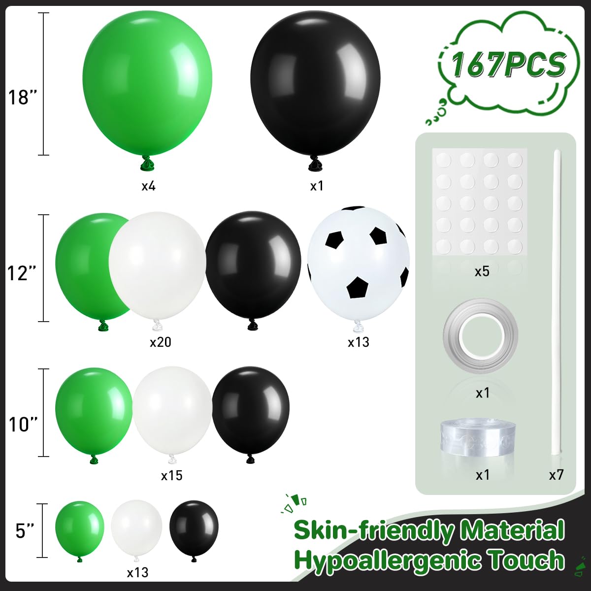 ZHIYAPA Black Green White Balloon Garland Arch Kit, 167Pcs Latex Balloons Different Sizes for Soccer Ball Theme Birthday Futbol Baby Shower Football Graduation Wedding Party Decorations
