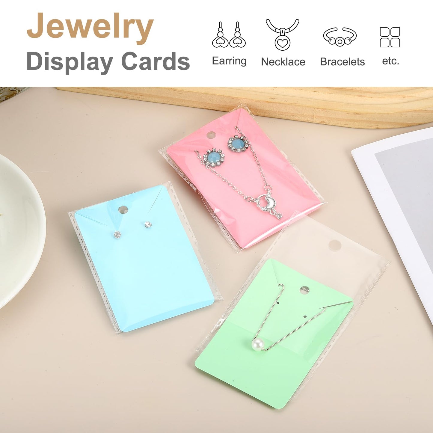 PATIKIL Earring Display Cards 200 Pcs Necklace Holder Cards with 200 Pcs Jewelry Packaging for Earring Necklace Jewelry Craft Display Packaging Supplies (Beige/Yellow, 3.5 x 2.4 Inches)