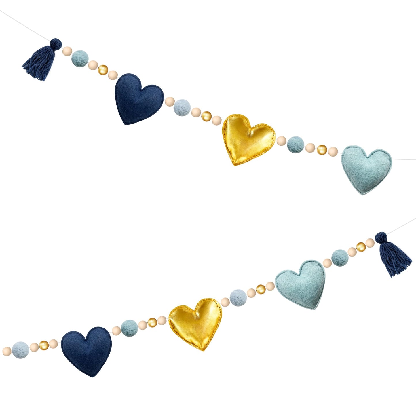 Dusty Blue Gold Heart Decorations Handmade Pre-Strung Felt Heart Banner Wool Felt Ball Wooden Bead Garland for Birthday Baby Shower Anniversary Valentines Day Nursery Classroom Fireplace Home Decor
