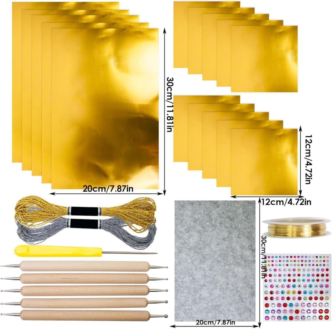 15pcs Gold Craft Foil Sheets, Gold Foil Sheets for Embossing, Decorative Metal Sheet Embossing Tools for Painting Gilding Crafting Decoration,with 2 Rolls Wire, (Gold Set)