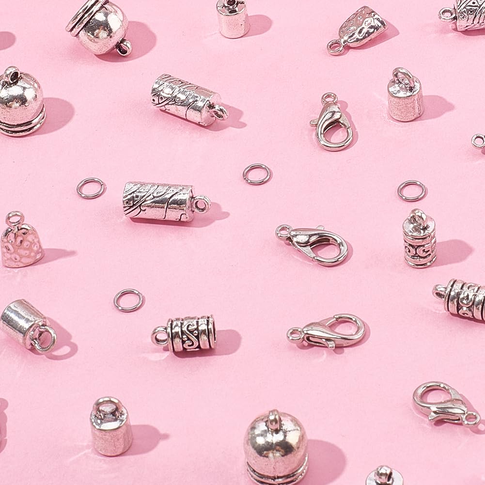 SUNNYCLUE 1 Box 230pcs Tassel Cord End Caps Kumihimo Cord Ends Antique Silver Tibetan Crimp Glue in Barrel Leather Thread End Terminator Tips with Lobster Clasp for Jewelry Making Kits Bracelets DIY