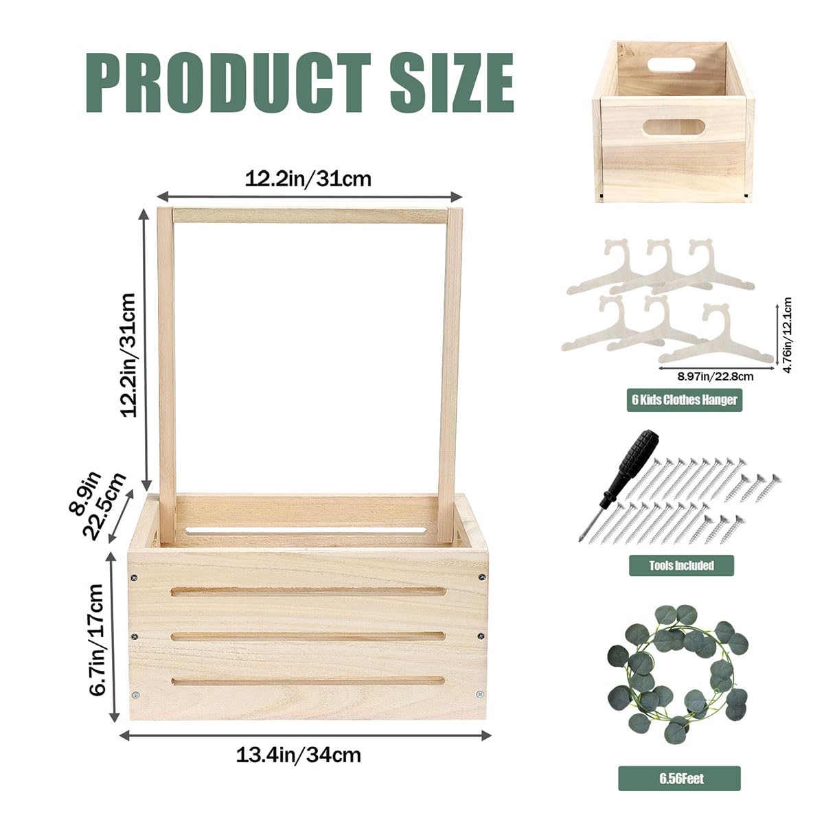 GaliGali Wooden Baby Shower Crate Closet, Newborn Gift Basket with Handle and Hanger Garland, Gender Reveal Storage Box, Personalized Baby Gift for Pregnant New Parents NO.LPL Wood-S