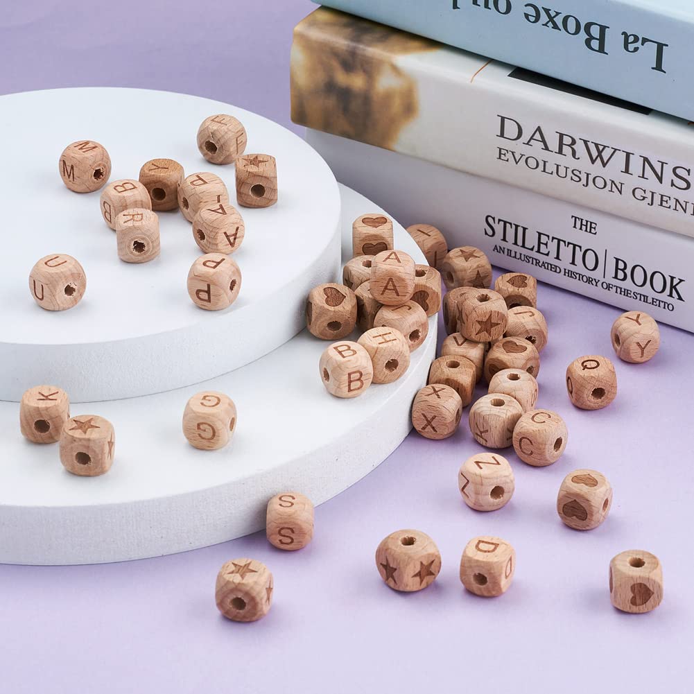 KISSITTY 98pcs Wooden Beads for Crafts Letter Wood Beads Cube Alphabet Beads Large Hole Wood Spacer Beads with Star Heart for Necklaces Bracelet Antique White Letters
