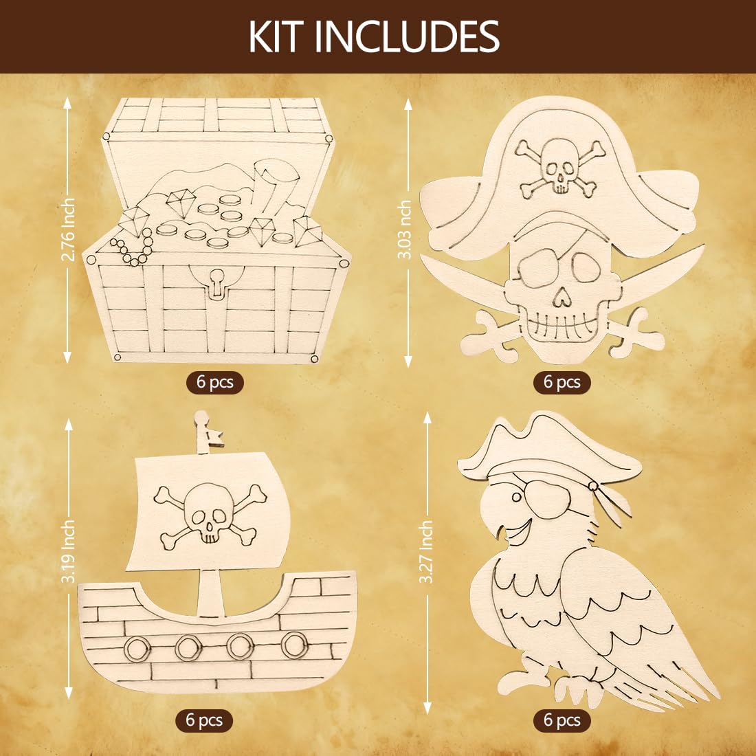 Jekocet ㅤ Pirate Party Favors 24 Pack Pirate Wooden Painting Craft Kits with Cards for Pirate Themed Party Decorations