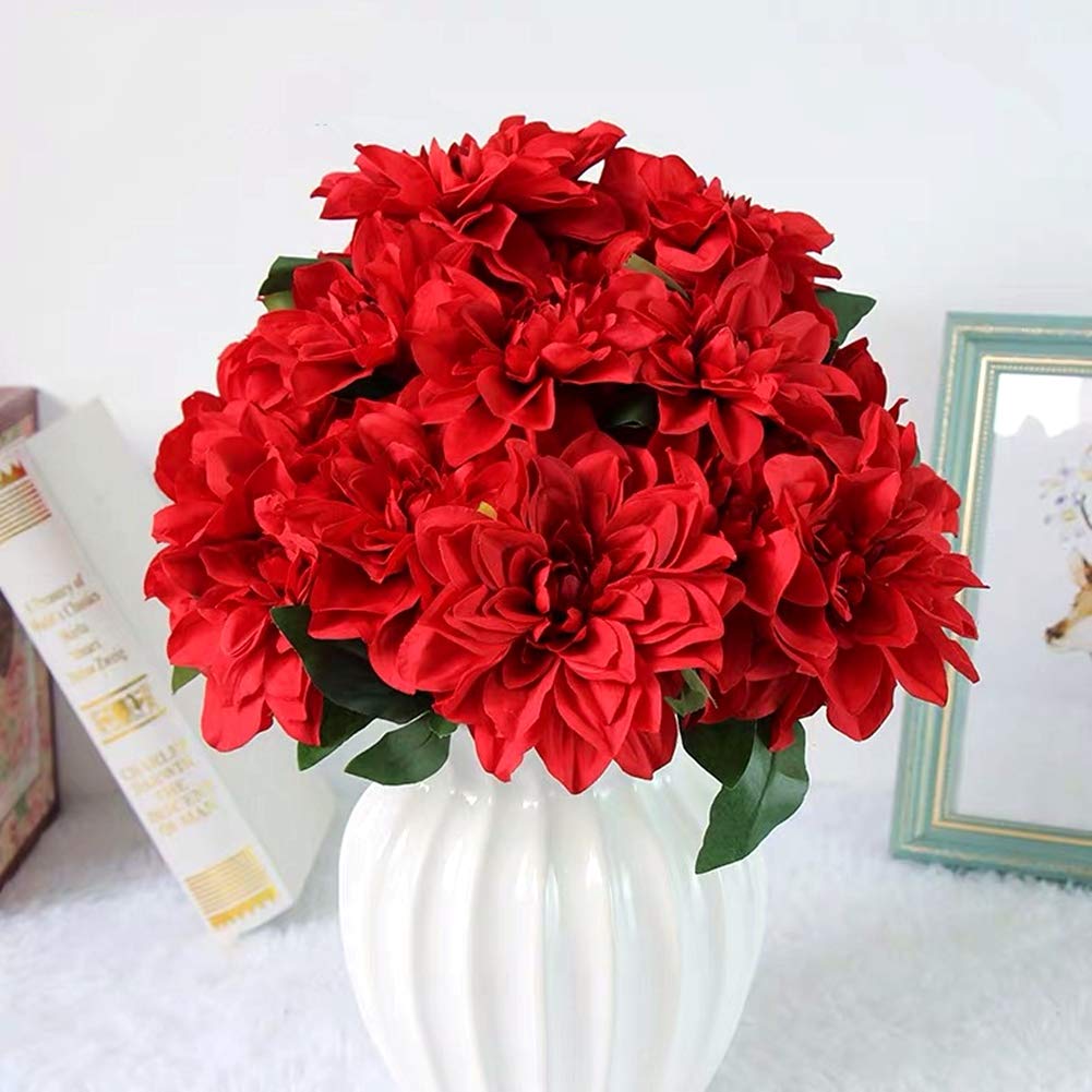 HoYuanFlo 10 Heads Dahlia Fake Flowers Artificial Dahlia Flowers Faux Flowers for Home Wedding Party Office Supplies (Red)