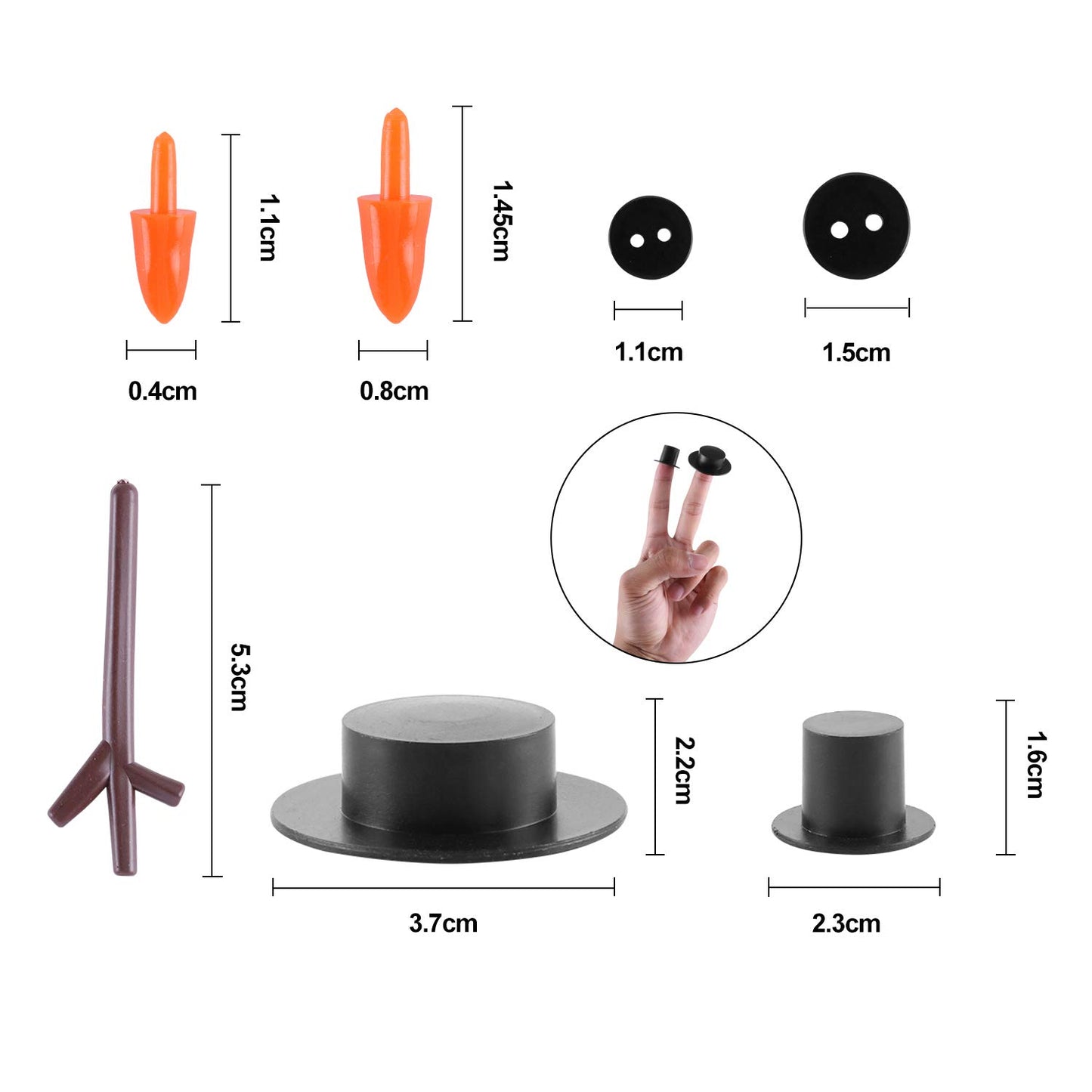 800pcs Christmas Snowman DIY Craft Kit Including 80 Mini Black Top Hats, 80 Carrot Snowman Noses, 160 Snowman Hands, 480 Tiny Black Buttons for Christmas DIY Snowman Crafting, Sewing, Party Supplies