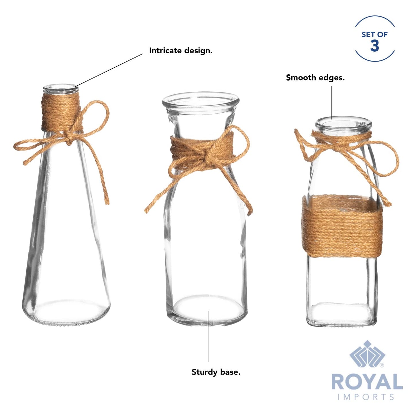 Royal Imports Clear Glass Bottle Bud Vase, Small Single Stem Flower Centerpiece, Mini Decorative Floral Jars, Rustic Farmhouse Home Decor, Kitchen, Fireplace, Shelf, Narrow One Rose Holder, Set of 3