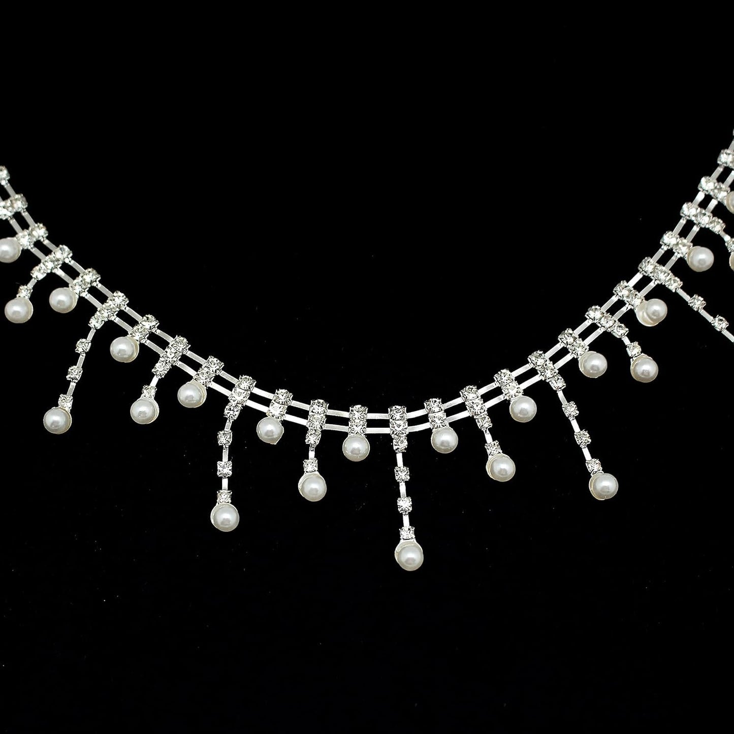 FQTANJU 1 Yard Rhinestone Pearl Tassel Fringe Trim Ribbon, Inlaid Pearl Beaded Crystal Close Chain Applique Bridal Embellishments for Sewing Crafts Wedding Party Clothing DIY Decoration