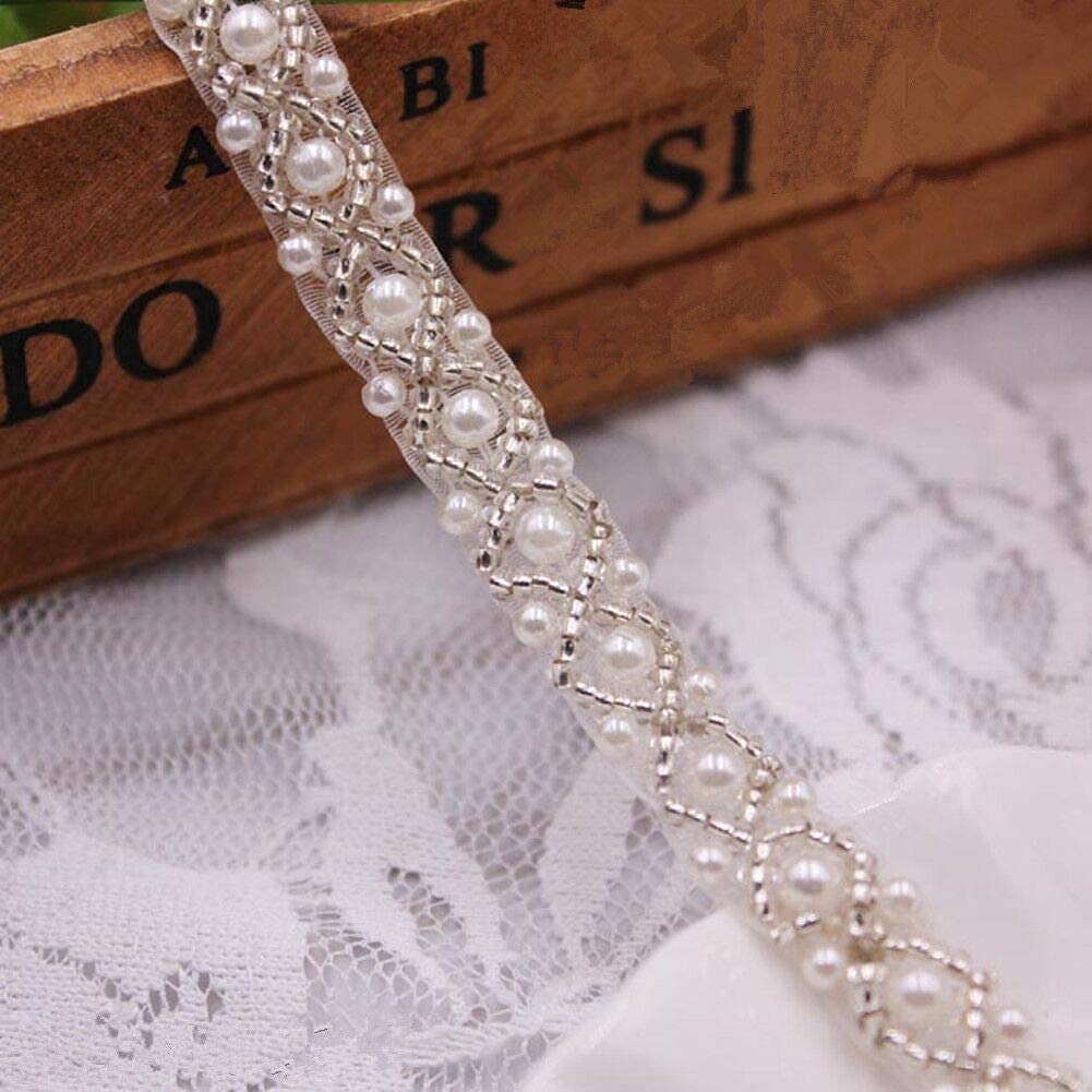 FQTANJU 3 Yards White Beaded Crystal Rhinestone Applique, Rhinetones Trim for Dress, Bridal Applique, Crystal Beaded Applique for Bridal Wedding, Party and Other Formal Occasions