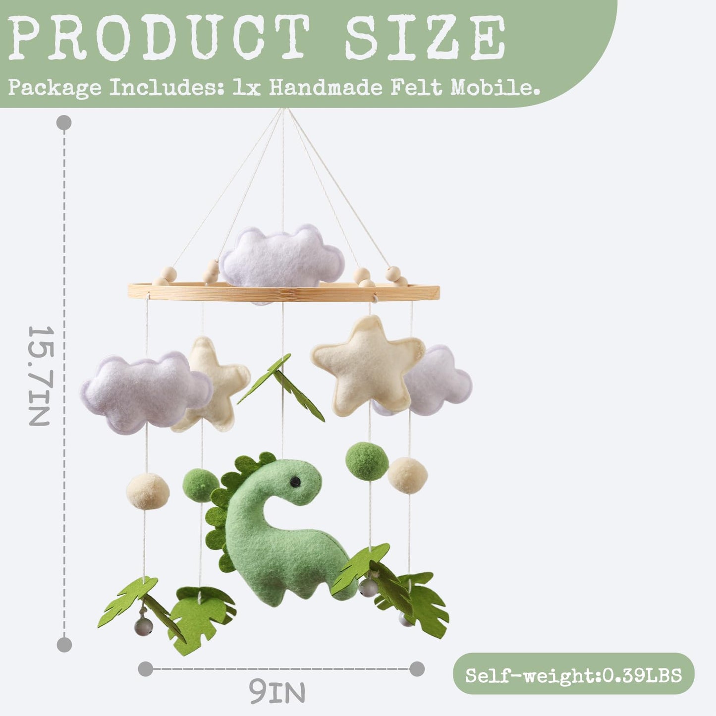 Moyii Baby Crib Mobile for Nursery - Handmade Felt Dinosaur Hanging Mobile - Green Dino Ceiling Decor for Boys Girls - Neutral Boho Jungle - Newborn Baby Shower Gift