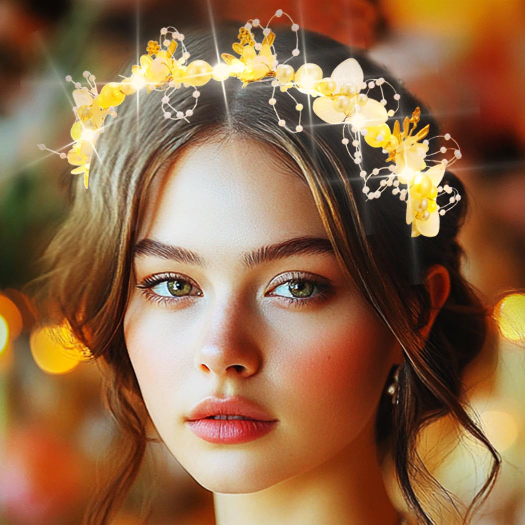Zehope Light Up Flower Headbands LED Princess Pearl Floral Wreath Headpiece Bridal Wedding Garlands Hair Accessories for Women (White, Standard)