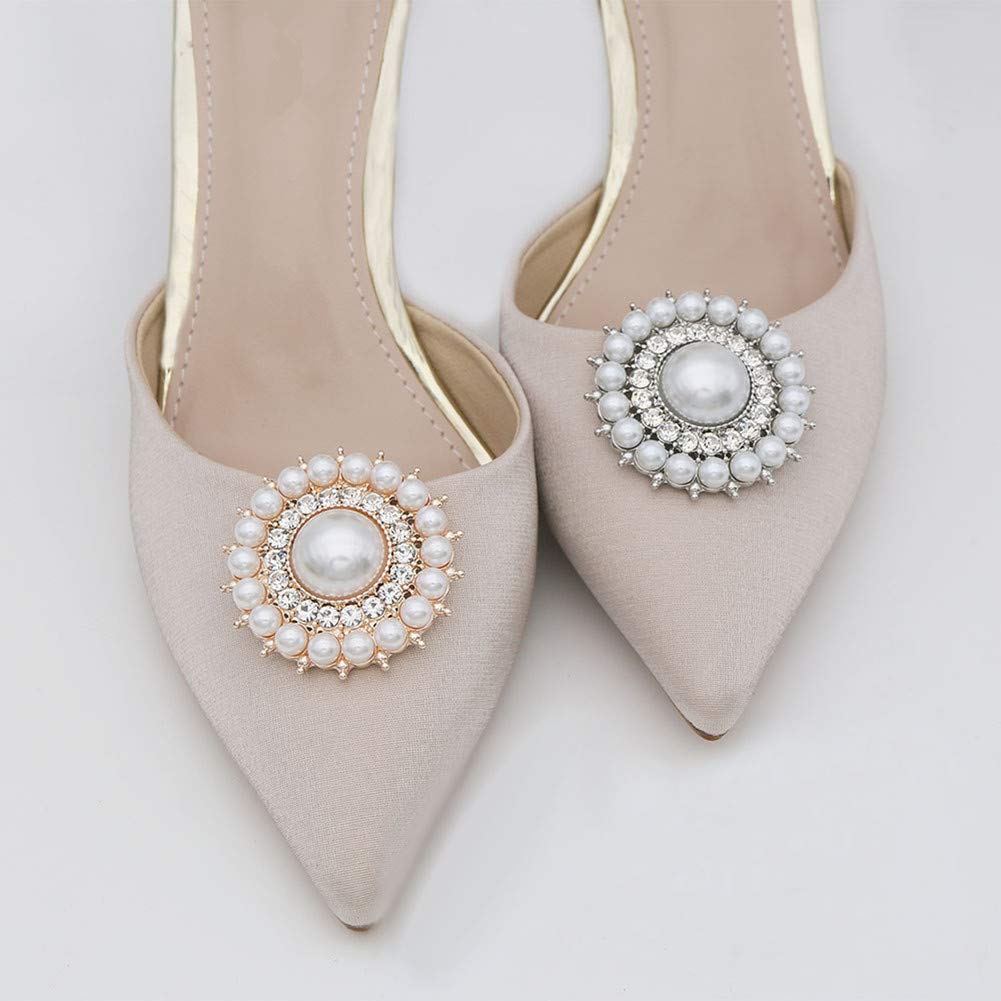 MLAVXCC 1 Pair Elegant Women's Round Pearls Rhinestones Shoe Clips Crystal Wedding Party Shoes Jewelry Decoration Charms (Gold)