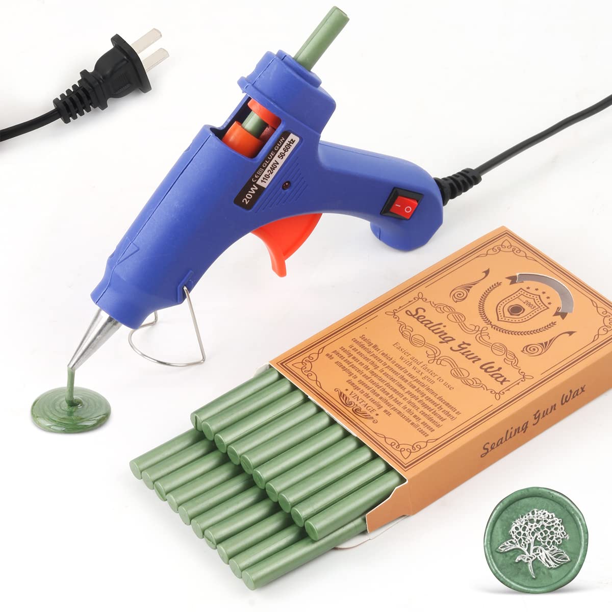 Wax Seal Kits, Wasole 20Pcs Pine Green Sealing Wax Sticks with 1 Pieces Glue Gun Set for Wax Seal Stamp, Great for Wedding Invitations, Birthday Cards, Envelopes, Gift Wrapping (Pine Green)