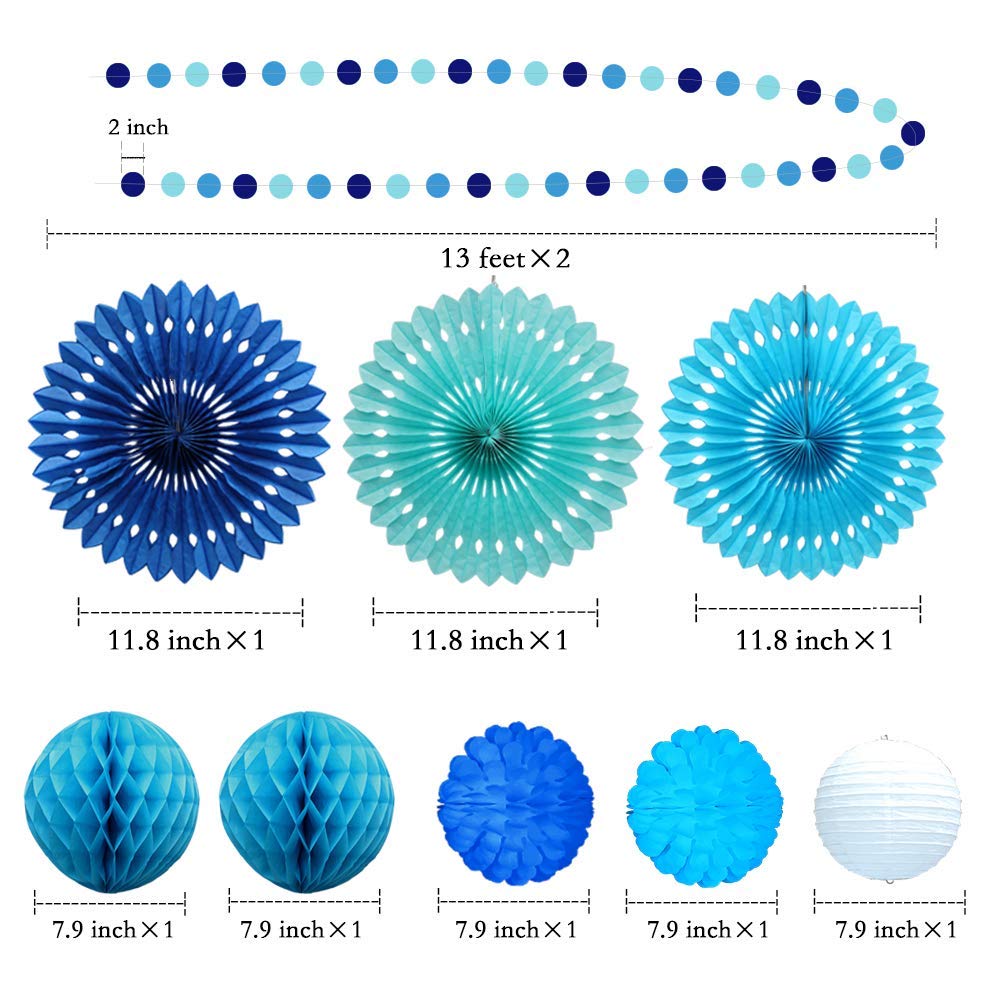 Decor365 Blue Birthday Party Decorations Kit Paper Fans Pom Poms Circle Dot Garlands Ocean Theme Hanging Decor Under the Sea Beach Baby Shower Wedding Classroom Summer Anniversary Kids Room