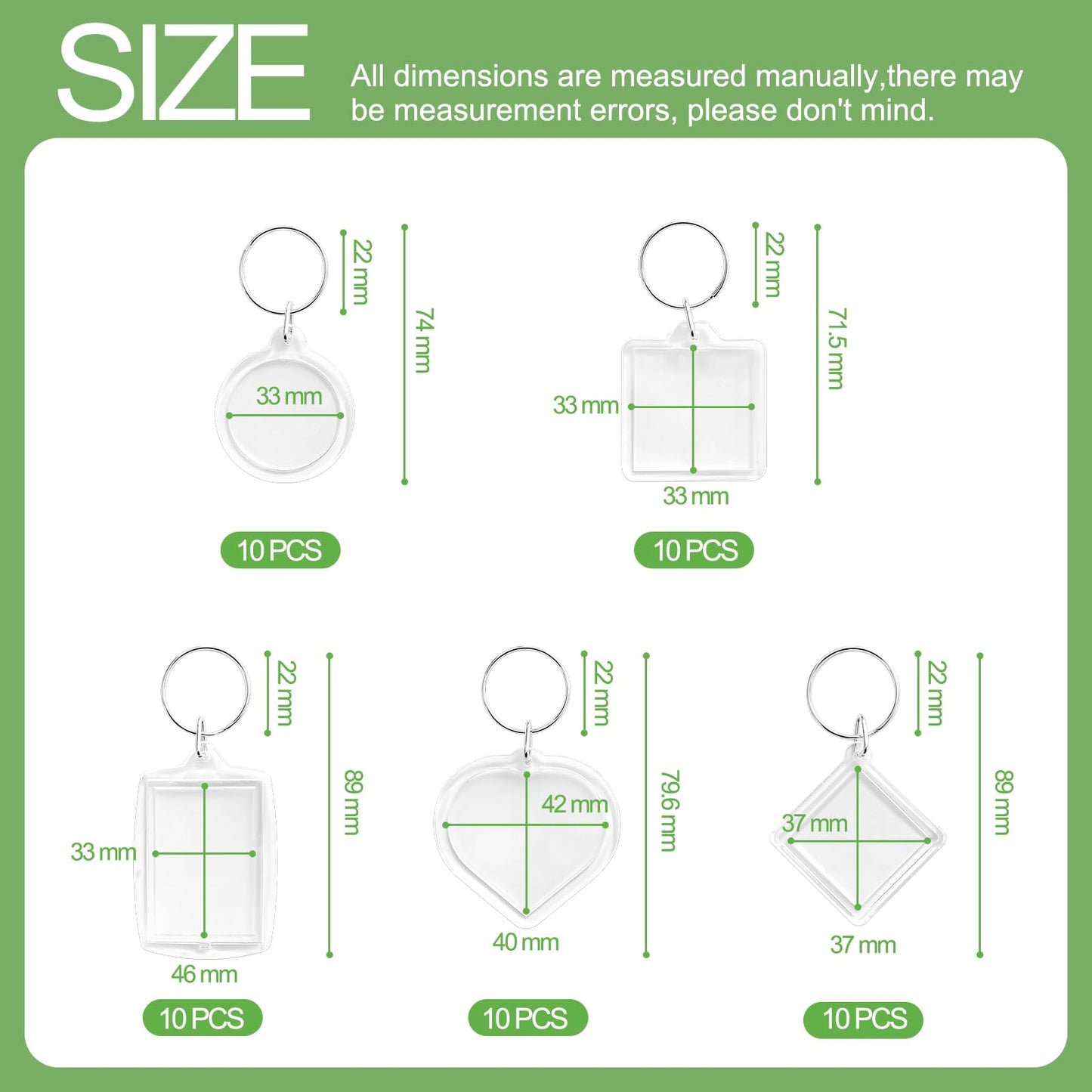 BRT Bearingshui 50pcs Pendant Picture Frame Keyrings, Clear Acrylic Photo Frame Keyring, Make Your Own Personalized Keyring Kit, Central Pendant for Kids To Assemble And Attach To Key Rings