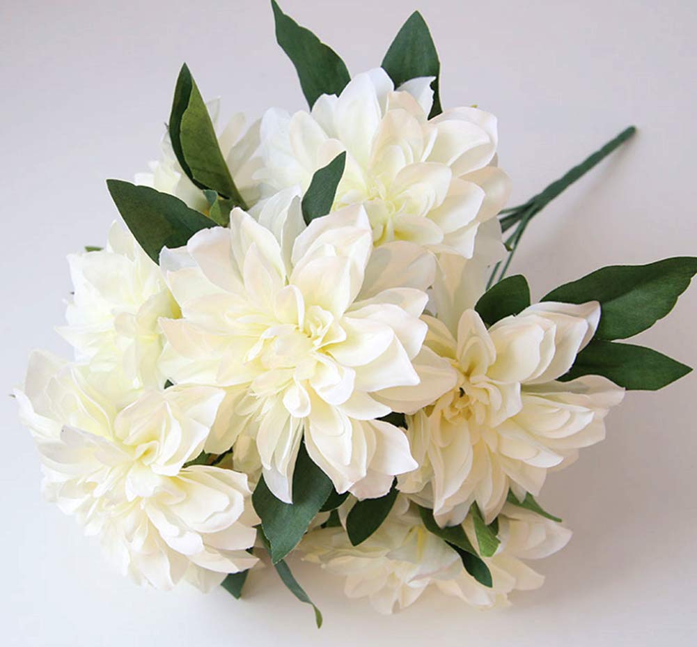 HoYuanFlo 10 Heads Dahlia Fake Flowers Artificial Dahlia Flowers Faux Flowers for Home Wedding Party Office Supplies (White)