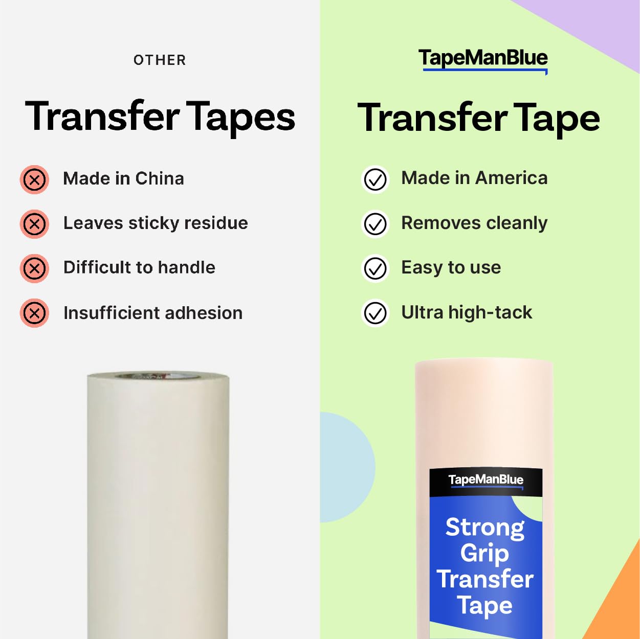 TapeManBlue Strong Grip Transfer Tape - 12" x 50' Roll of Ultra High Tack Transfer Tape for Glitter Vinyl, Holographic Vinyl, and Textured Decals, Letters & Stickers, Made in USA
