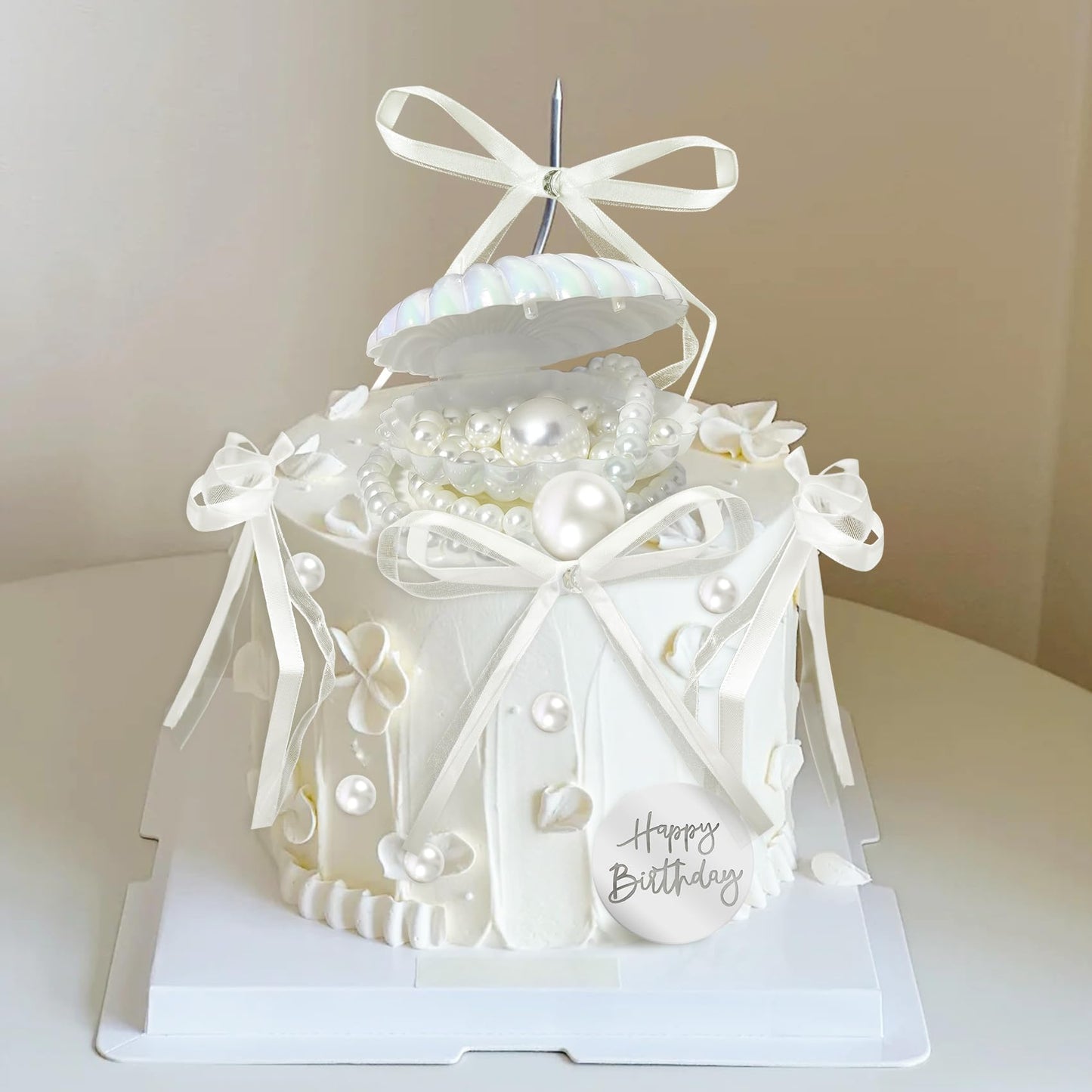 Knana 39Pcs Bow Cake Topper Shell Pearl Cake Decorations with Happy Birthday Cake Topper for Baby Shower Party Favors