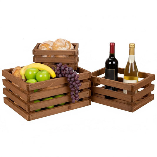 Set of 3 Nesting Wooden Storage Crates - Rustic Wooden Storage Crates for Display Brown Wood Container Boxes Wood Baskets for Farmhouse Flower Stand Display Rack for Shops or Exhibitions Home Decor