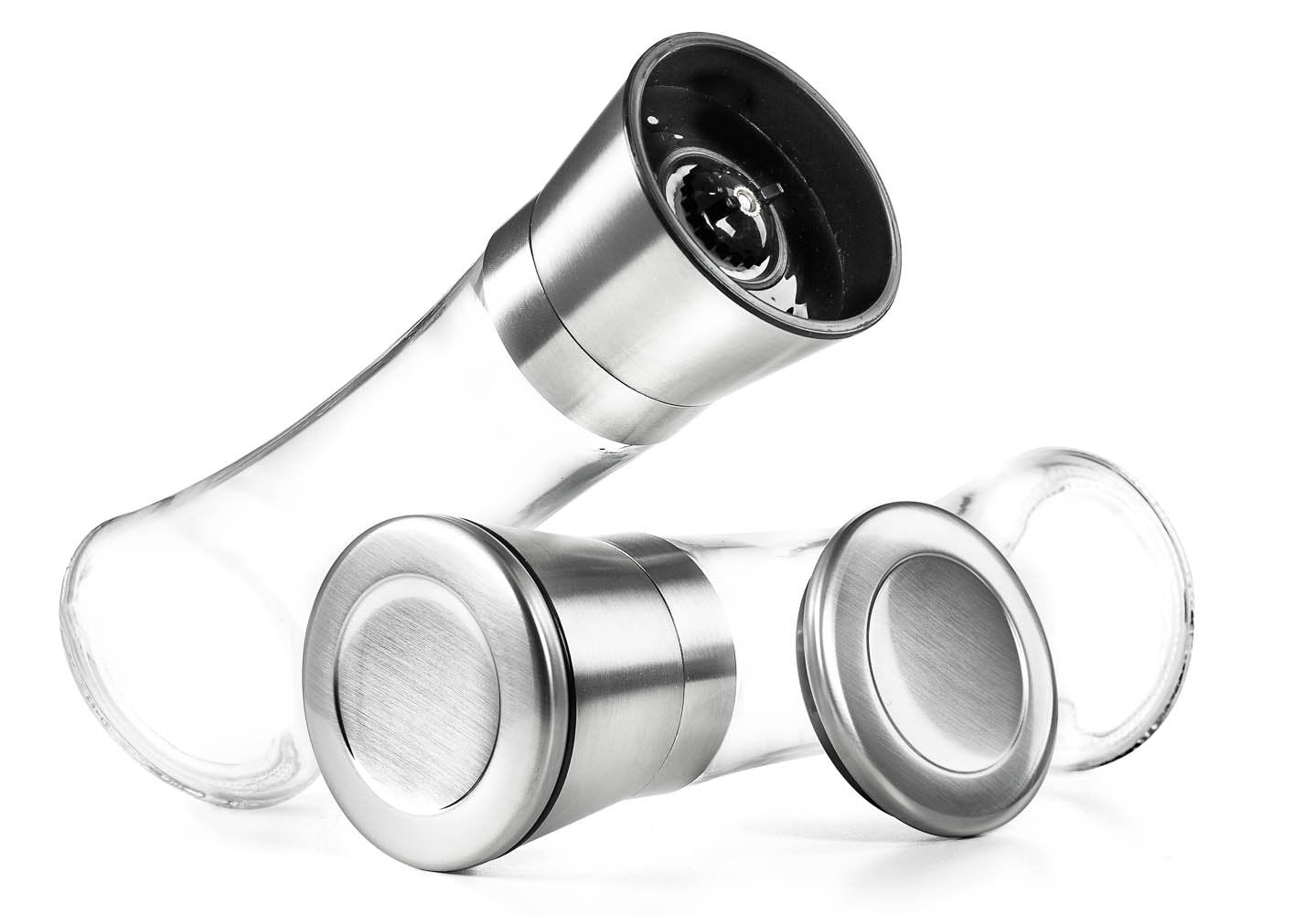 Levav Premium Salt and Pepper Grinder Set of 2- Brushed Stainless Steel Pepper Mill and Salt Mil, Glass Body, Size Grade adjustable ceramic rotor-salt and pepper shakers (tall)