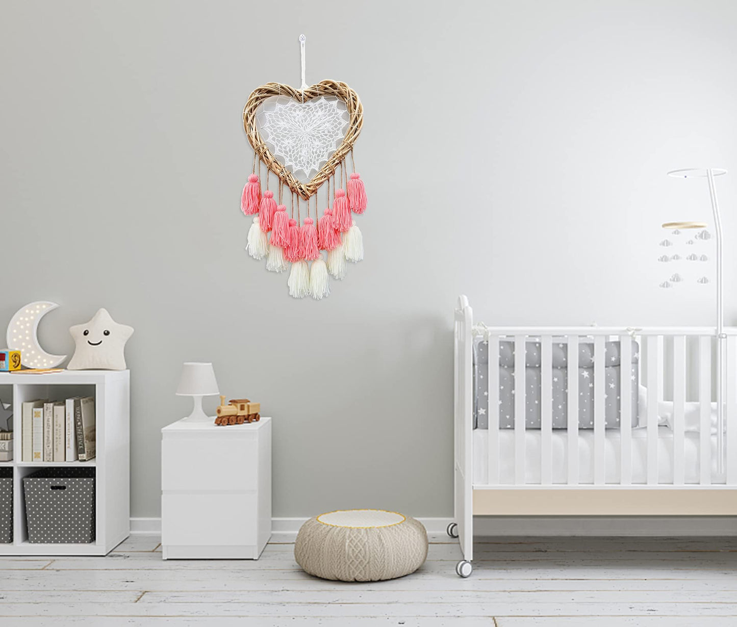 LVOPO Wall Hanging with Pink Tassels, Boho Baby Girls Room Wall Decor, Kids Nursery Decoration, Handmade Rattan Woven & Soft Cotton Cute Wall Art Backdrop, Chic Birthday Gift