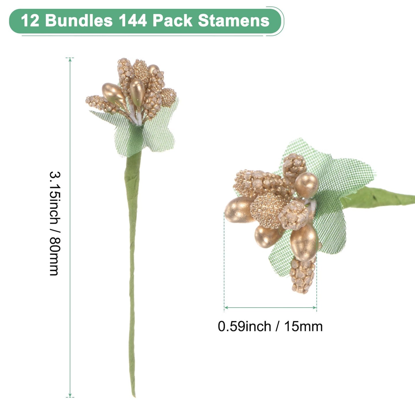 M METERXITY 144-Pack Artificial Flower Stamen Kit, Mini Frosted Holly Berry Stems for Wedding Decor, Flower Stamens for Craft DIY Wreaths/Birthday/Flower Arrangements Decorations [Gold]