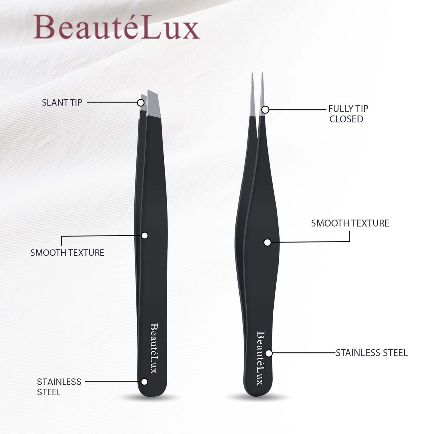 BeautéLux Precision Tweezer Set – Slant & Pointed Tip Stainless Steel Eyebrow Tweezers with Leather Pouch, Professional Hair Removal for Ingrown Hair, Chin, Splinter & Blackhead