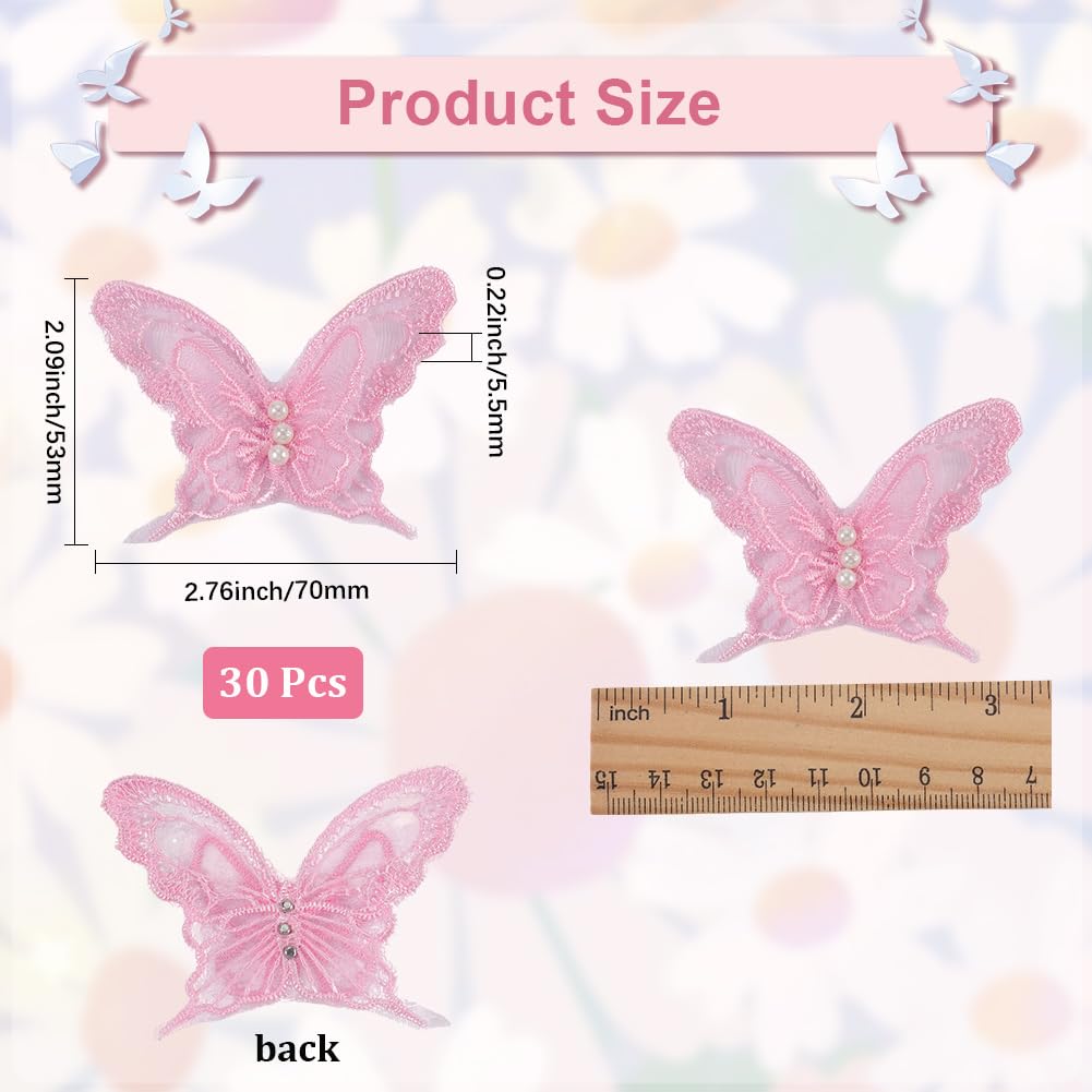 CABODYALS 1 Box 30PCS Light Pink Butterfly Lace Applique Butterflies Repair Patches Sew Embroidery Organza Faux Pearl Beaded Polyester Appliques for Sewing Making Clothes Wedding DIY Craft Supply