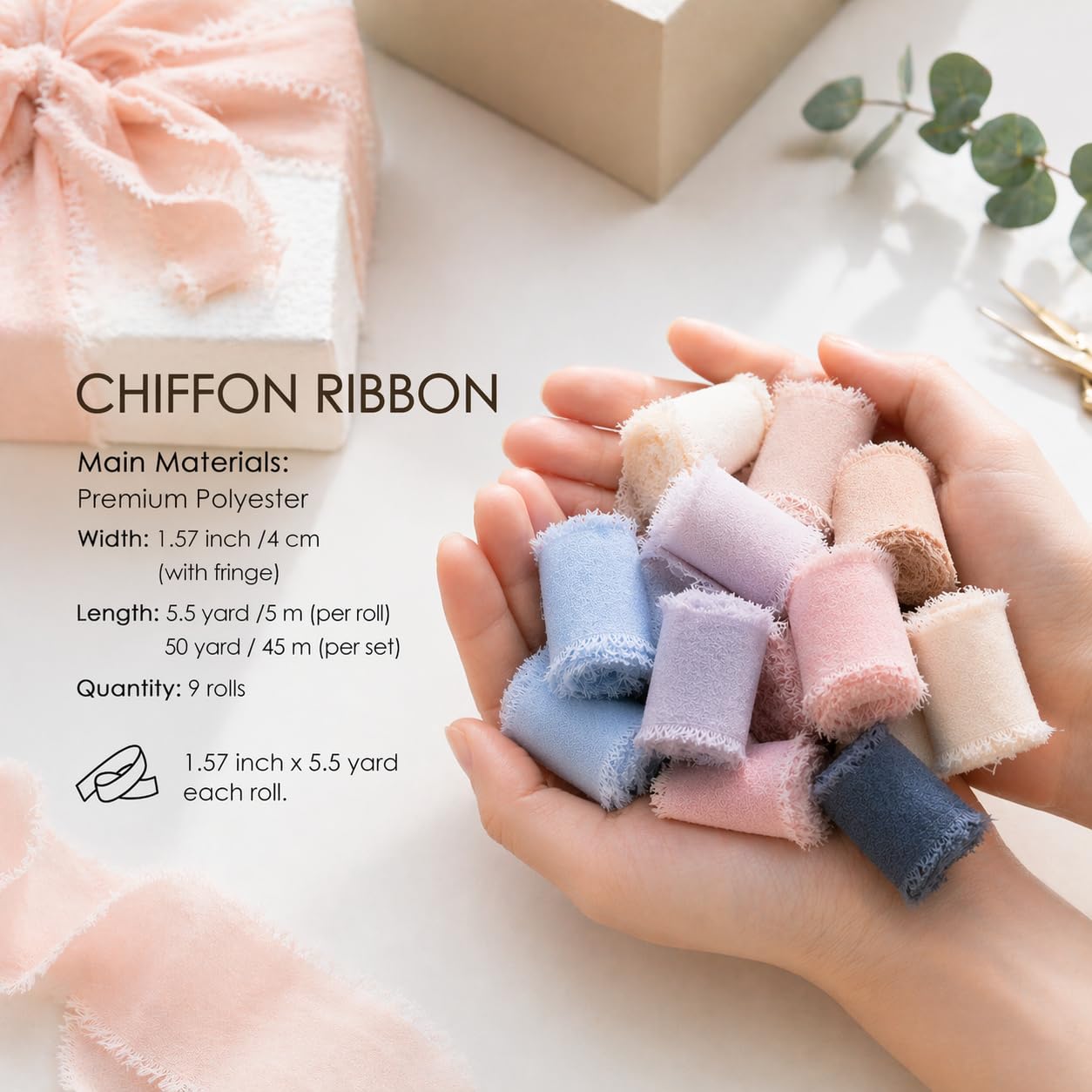 Ideal Swan Chiffon Silk Ribbon Mixed Color Ribbons Set 5.5 Yd x 9 Rolls, Cotton Ribbon for Gift Wrapping Wedding Invitations Bridal Flower Bouquets, Handmade Frayed Ribbon(1.57" x 45 Yd)