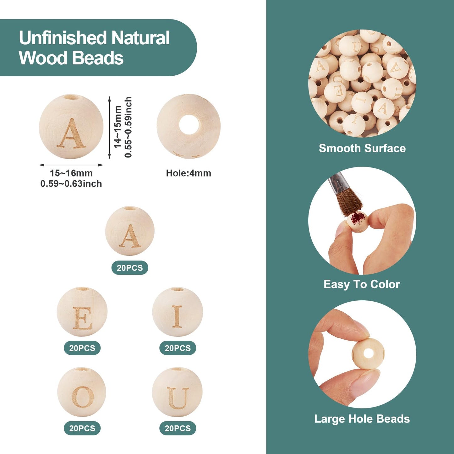 100 Pcs Letter Round Natural Wood Beads 16 mm Wood Letter Beads Unfinished Wooden European Large Hole Beads Garland Macrame Loose Spacer Beads for DIY Craft Bracelet Jewelry Making