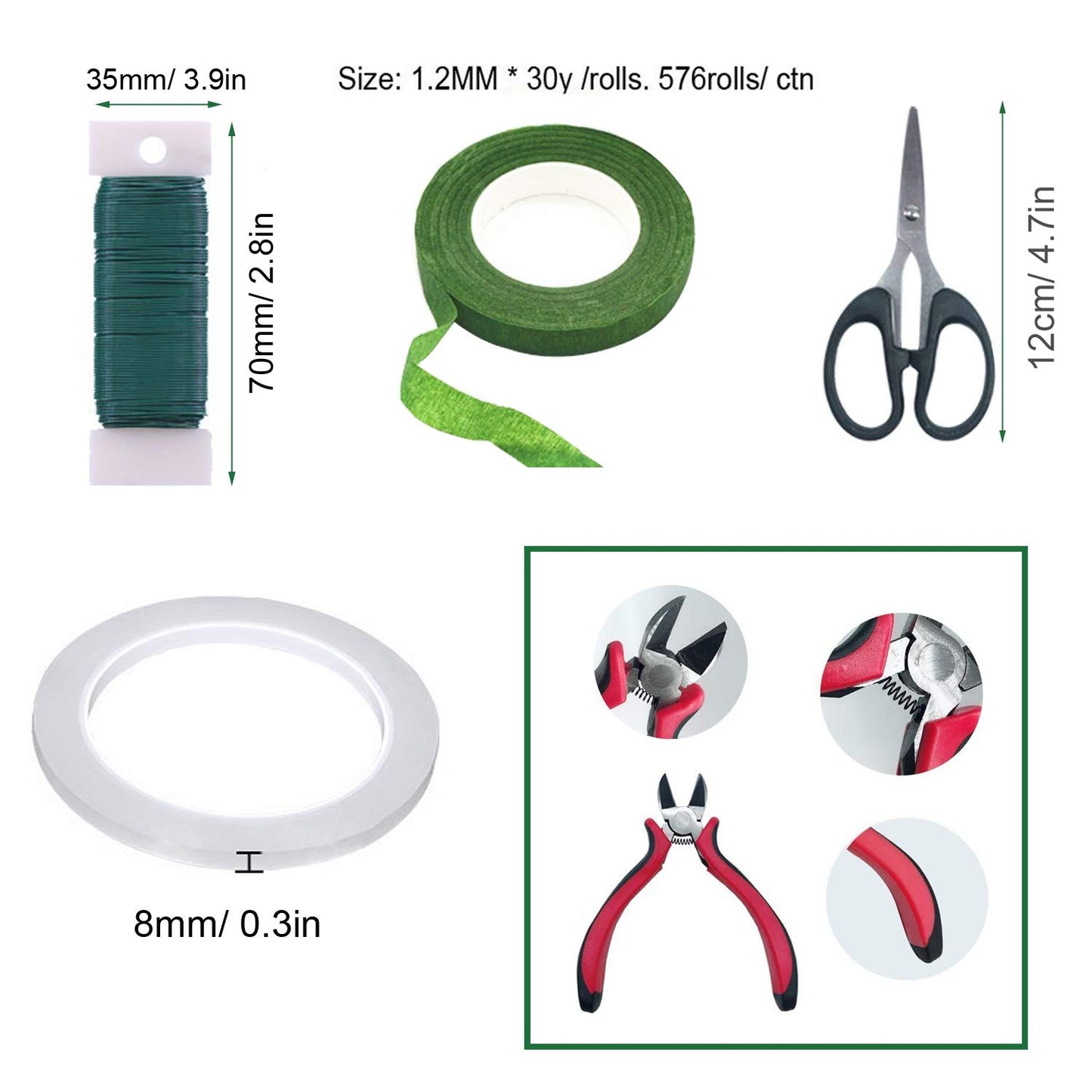 Floral Arrangement Tool Kit, Woohome 2 Style Tape Stem Wrap, 2 Style Floral Wire, Wire Cutter, Scissors and Head Pins for Wedding Bouquet DIY