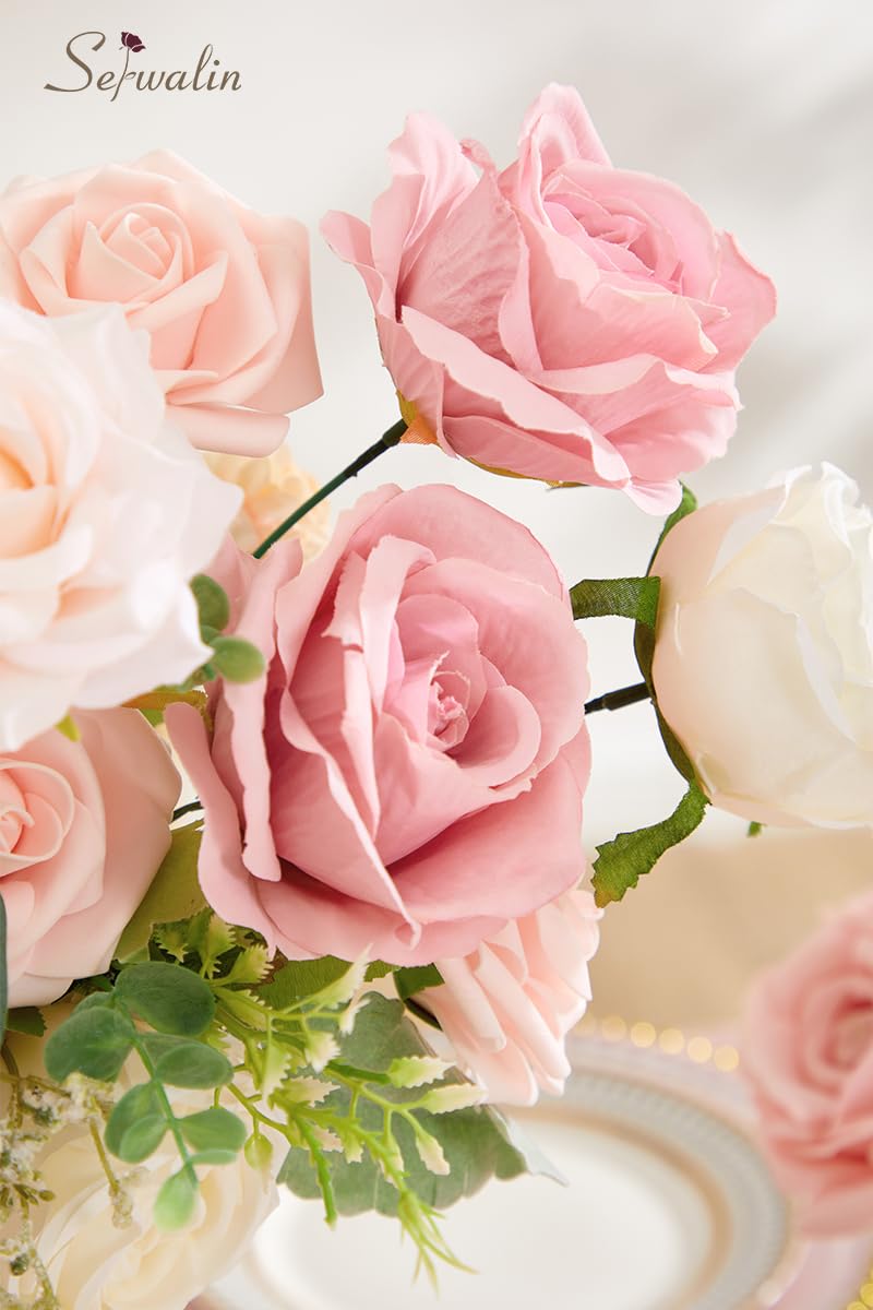 Serwalin Artificial Flowers Fake Silk Flowers for DIY Wedding Bouquets Cake Decoration Mixed Roses Combo Blush Pink and White Flower Centerpieces Arrangements for Party Table Chair Decor