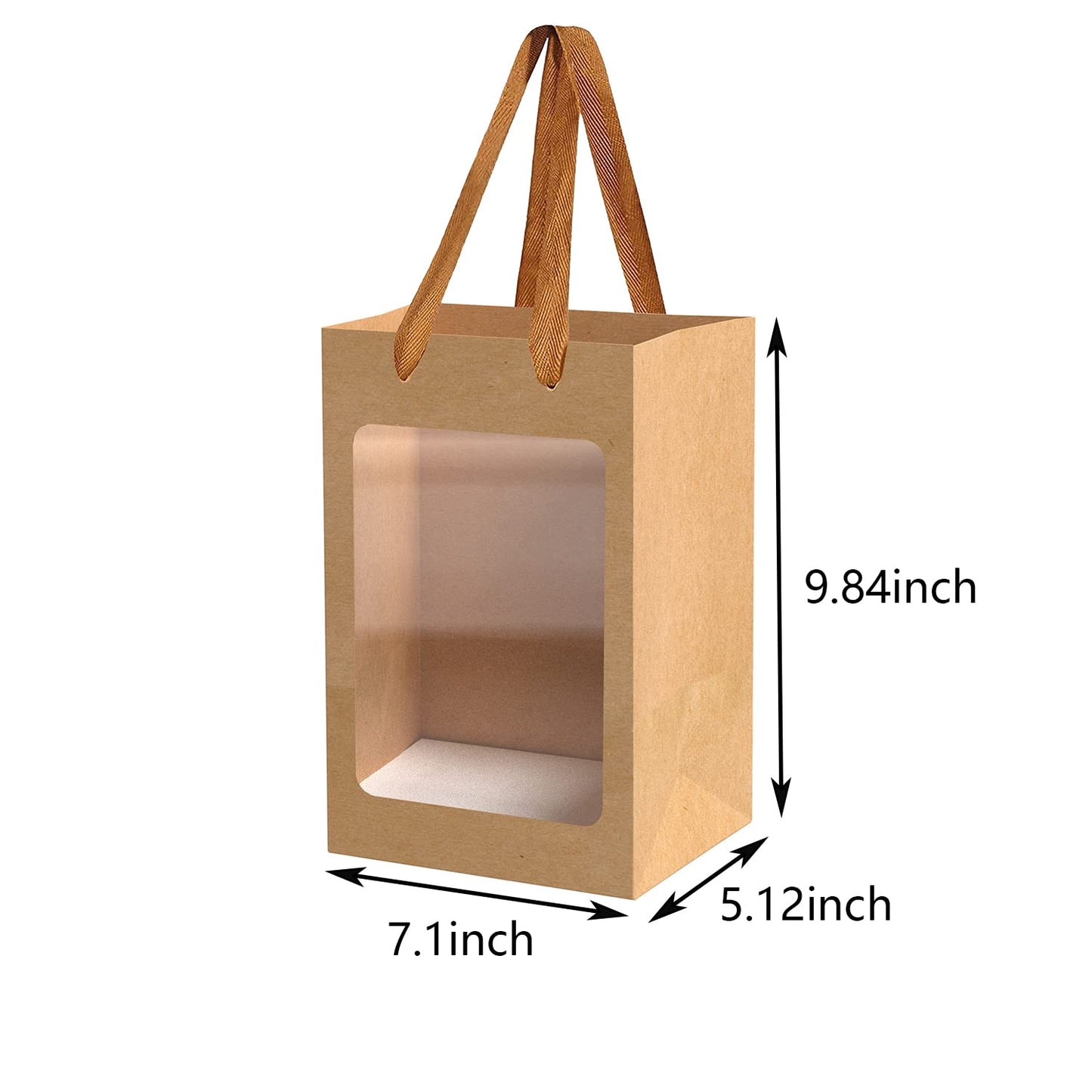 BallHull 12 Pcs Brown Paper Gift Bags with Transparent Window, 9.84"x7.0"x5.12" Kraft Shopping Bags with Handles for Bouquet Christmas Birthdays Festivals Party Weddings Wrapping