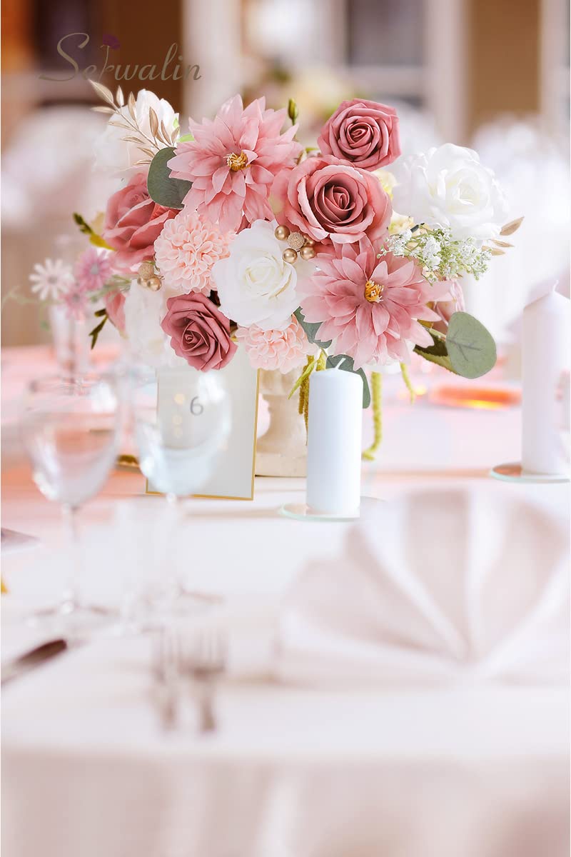 Serwalin Artificial Flowers Wedding Pink Flowers Silk Fake Dahlia Cake Flowers for Wedding Bouquets Table Centerpieces Birthday Party Bridal Baby Shower Home Decorations