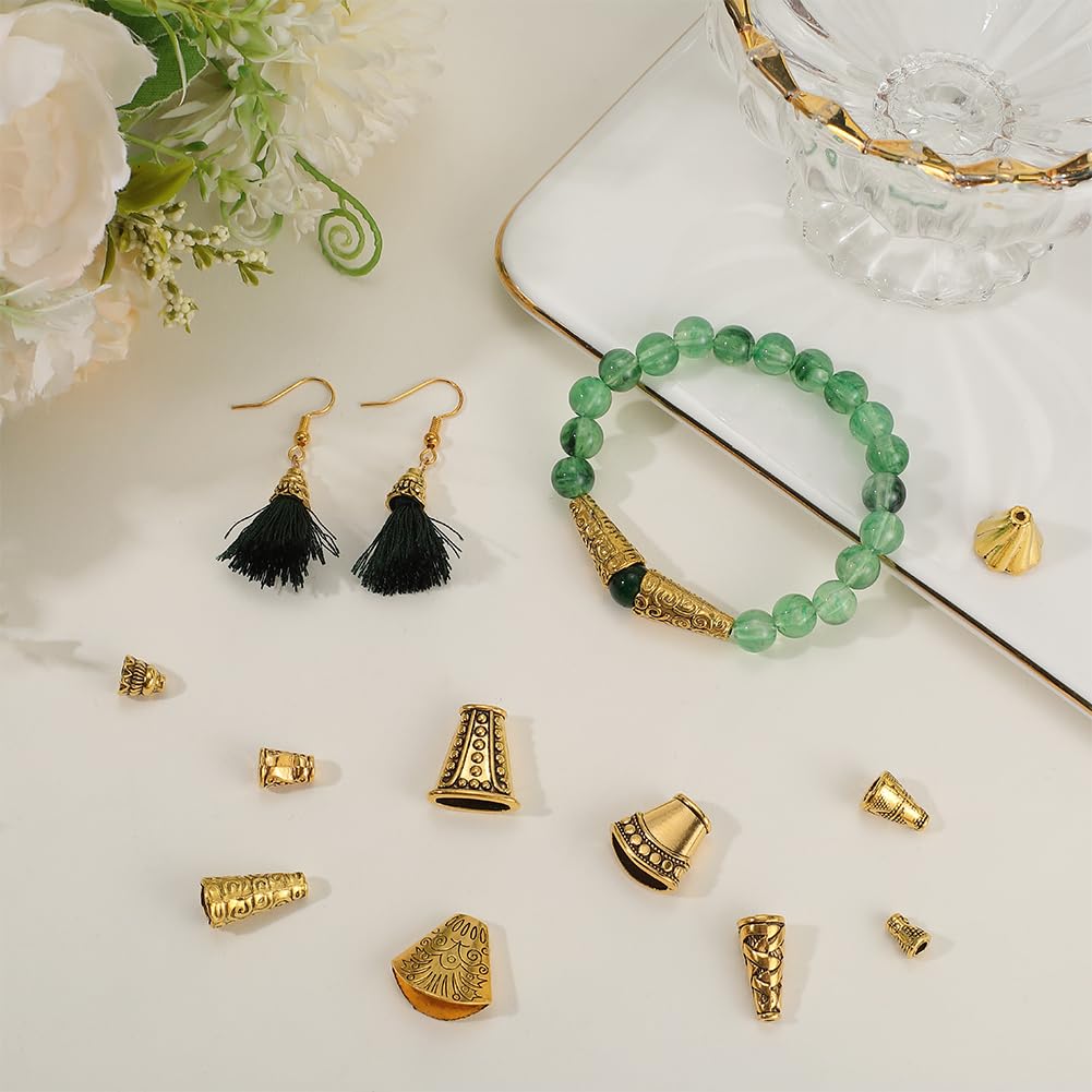 SOFPLATE 1 Box 100Pcs 10 Styles Golden Bead Caps Flower End Caps Alloy Tibetan Style Antique Gold Beading Tassel Spacer Ends for Jewelry Making Findings Necklaces Bracelets Earrings DIY Craft Supplies