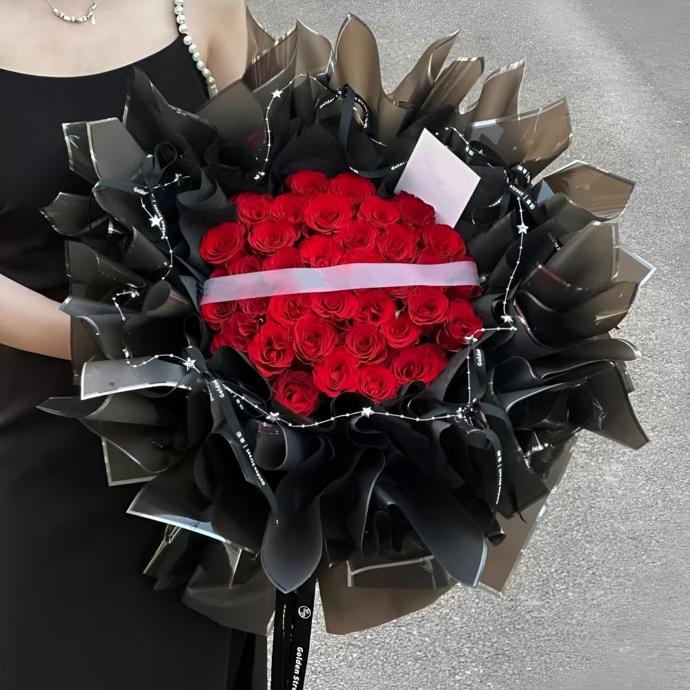 BBJ WRAPS Flower Wrapping Paper Silver Line, Korean Bouquet Wrapping Paper Waterproof Floral Paper Wrap Florist Supplies, 20 Sheets, 22.8x22.8 inch (Black)