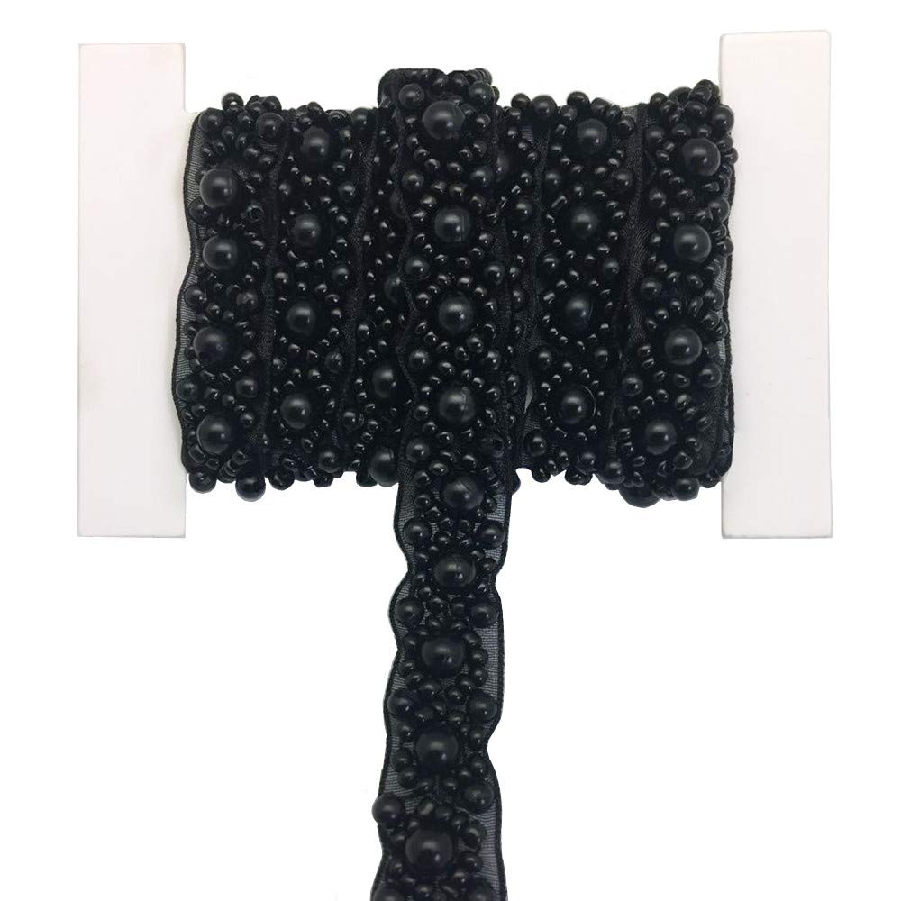 FQTANJU 3 Yards 15mm Width Black Beads Lace Ribbon Applique Pearl Trim Edge Tape for Wedding Party Decoration, Home Deco, DIY Costume Decor