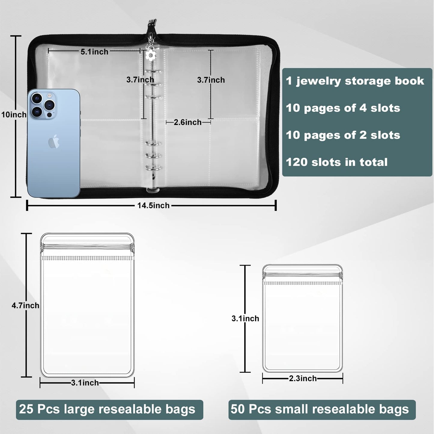 Travel Jewelry Organizer Transparent Jewelry Storage Book Set with Anti-oxidation Pocket Traveling Necklace Earring Organizer for Ring, Bracelets, Postcard (120 Grids +75 Thicken PVC Zipper Bags)